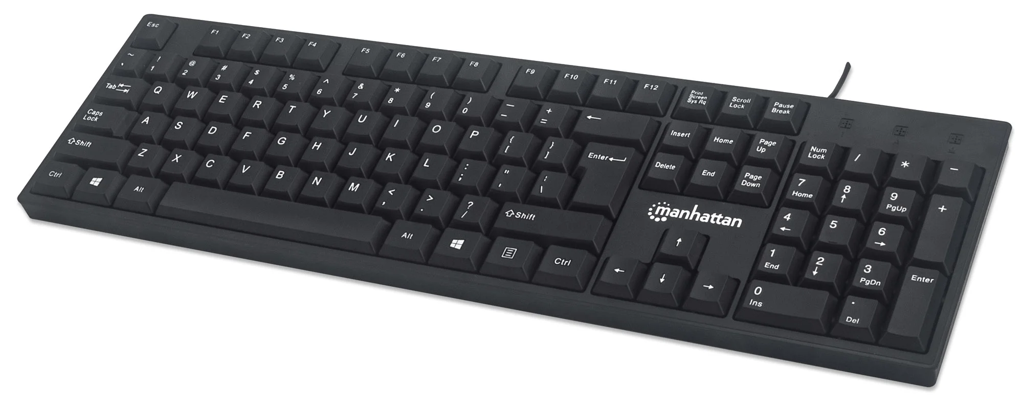 Manhattan USB-Tastatur, Kabelgebunden, 104 Tasten, integriertes USB-Kabel, LED-Anzeigen, schwarz