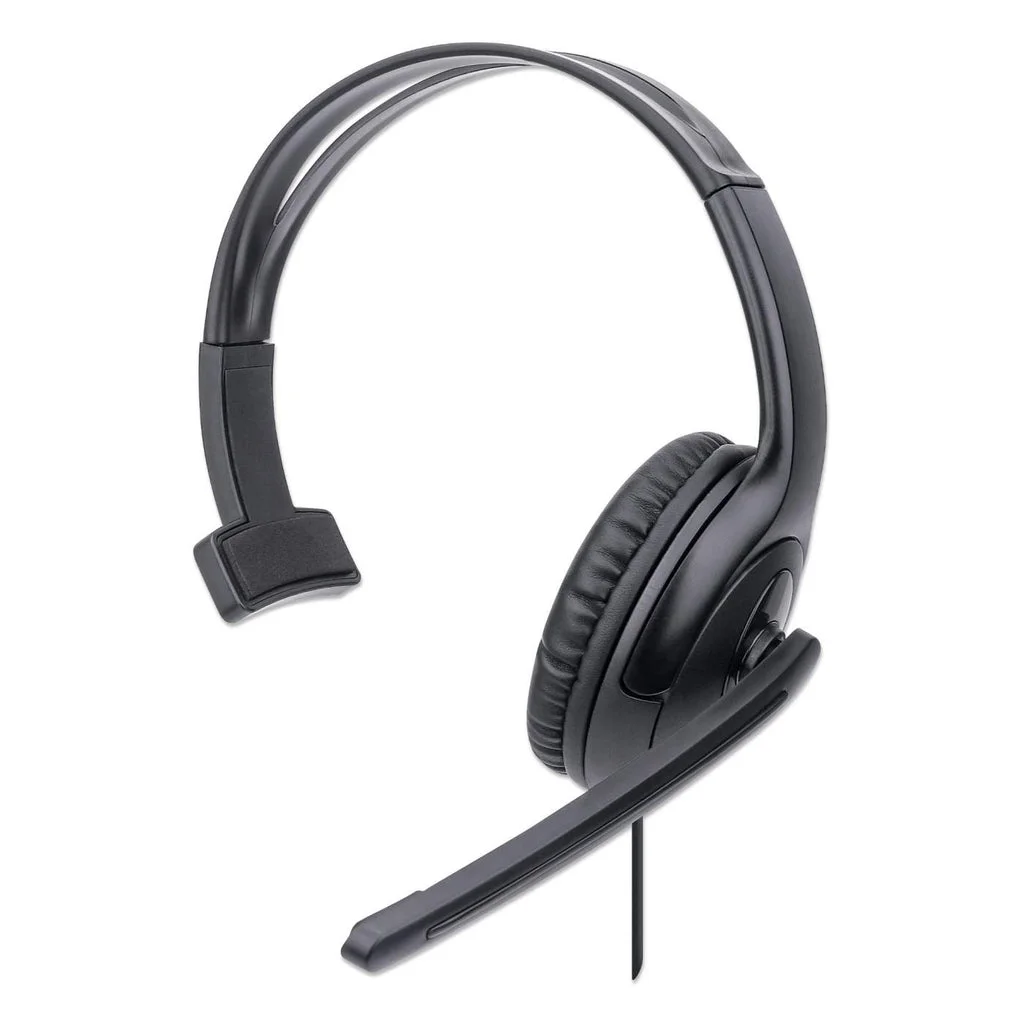 Manhattan Mono USB-Headset, Ohrumschließendes Design (Over-Ear), Ohrmuschel einseitig, kabelgebunden, USB-A-Stecker, integrierte Lautstärkeregelung, verstellbares Mikrofon, schwarz