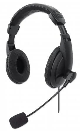 Manhattan Stereo USB-Headset, Leichtes, ohrumschließendes Design (Over-Ear), kabelgebunden, USB-A-Stecker, integrierte Bedienelemente, verstellbares Mikrofon, schwarz, Retailverpackung