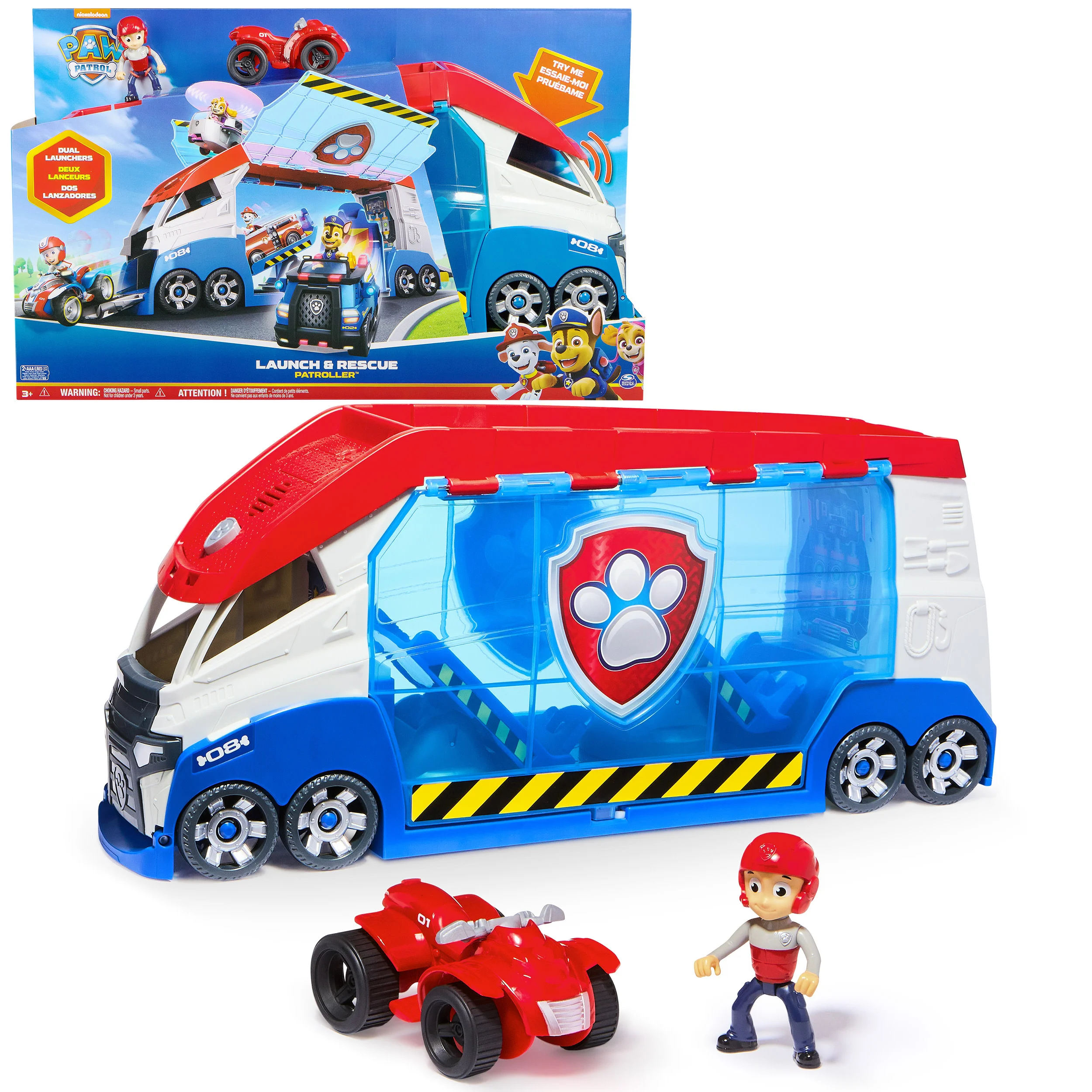 PAW Patrol - Launch'n Rescue Patroller, Teamfahrzeug 55,8 cm, mit Ryder-Figur und Quad-Basisfahrzeug, Doppel-Startkatapult und Geräuscheffekte, Platz für 6 Fahrzeuge, ab 3 Jahren