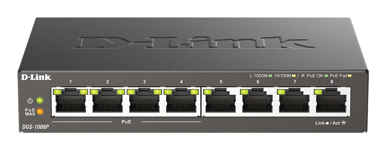D-Link DGS-1008P/E Netzwerk-Switch Unmanaged L2 Gigabit Ethernet (10/100/1000) Power over Ethernet (PoE) Desktop Schwarz