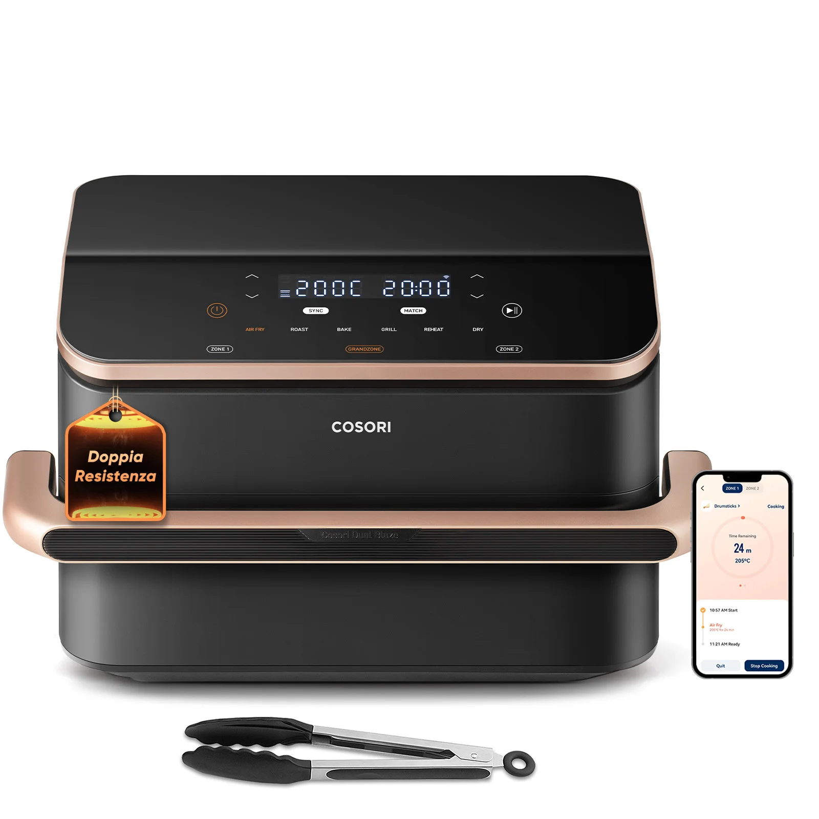 Cosori Dual Blaze Twinfry Chef Edition Doppel 10 l Eigenständig 2800 W Heißluftfritteuse Dunkles Grau, Roségold
