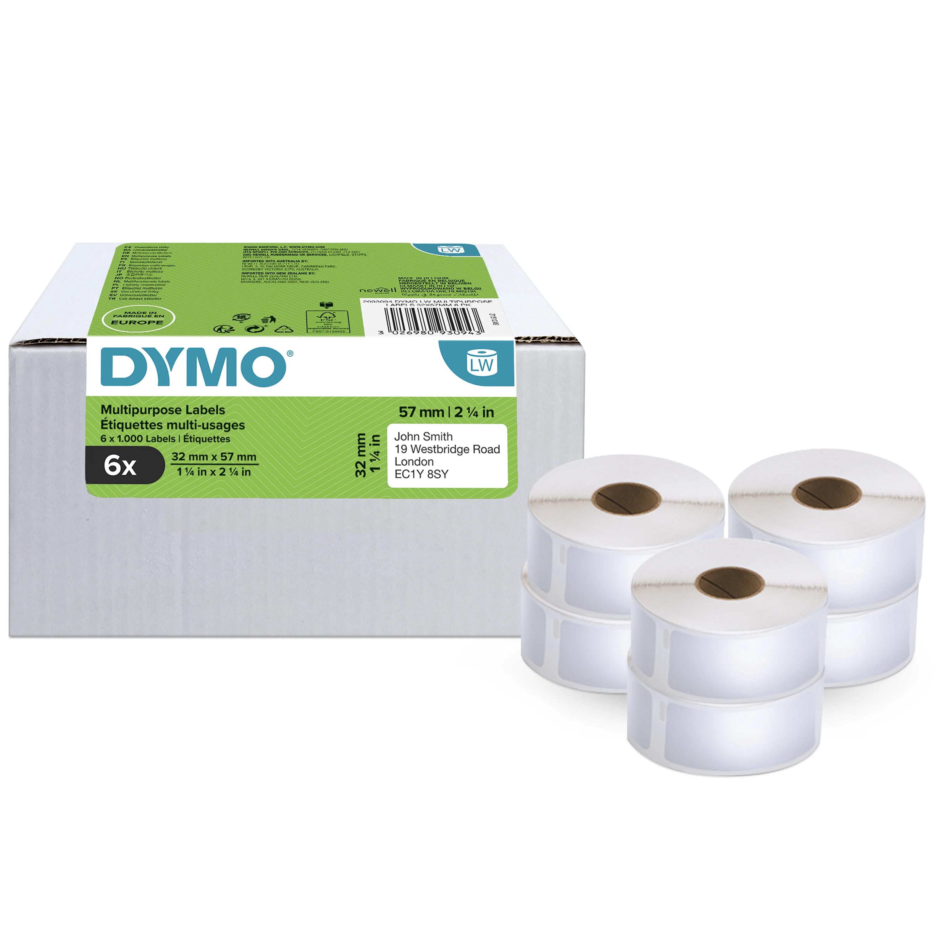 DYMO Original LabelWriter Mehrzwecketiketten | 32 mm x 57 mm | 6 Rollen mit je 1.000 leicht ablösbaren Etiketten (6.000 Etiketten) | selbstklebende Etiketten | für LabelWriter-Beschriftungsgerät