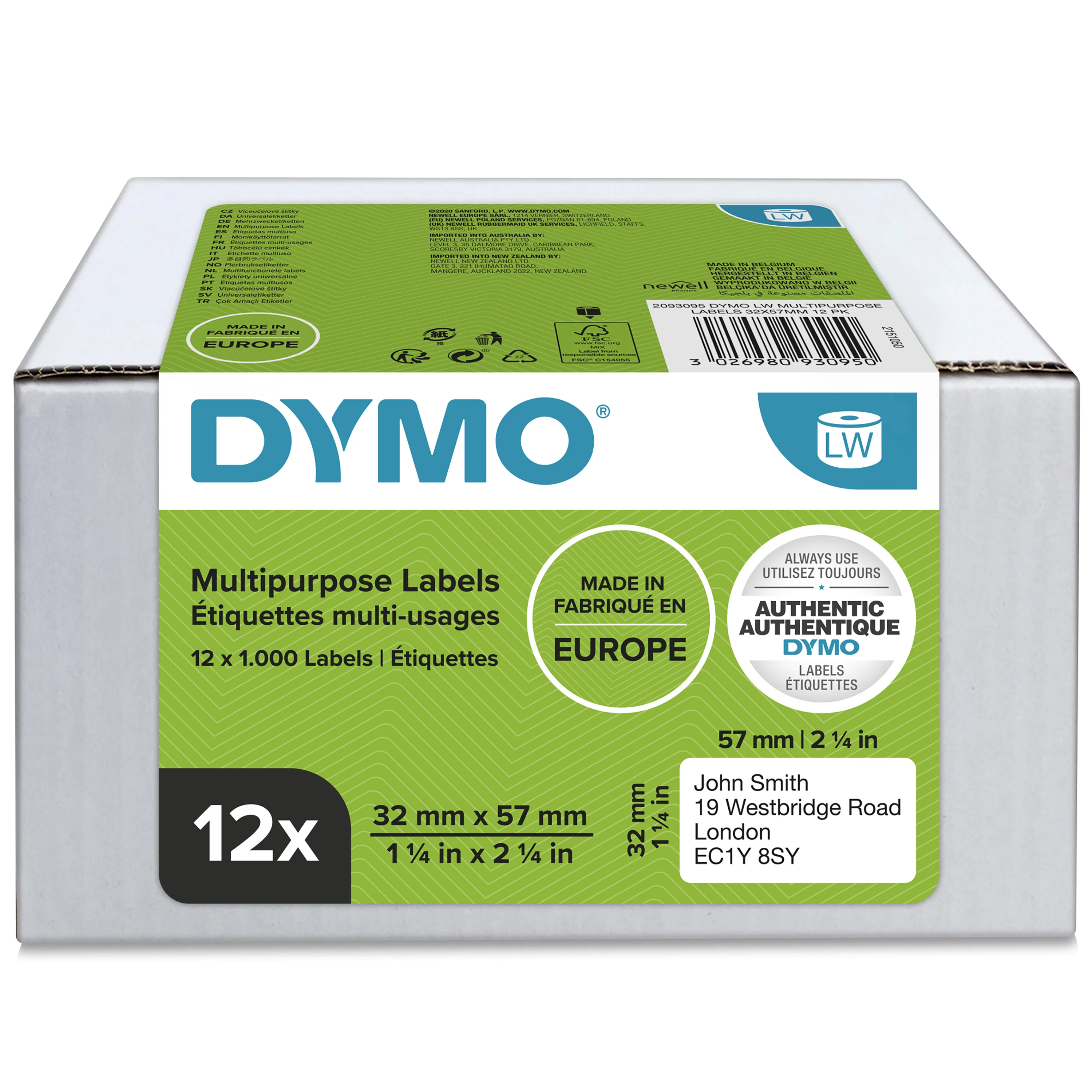 DYMO Original LabelWriter Mehrzwecketiketten | 32 mm x 57 mm | 12 Rollen mit je 1.000 leicht ablösbaren Etiketten (12.000 Etiketten) | selbstklebende Etiketten| für LabelWriter-Beschriftungsgerät