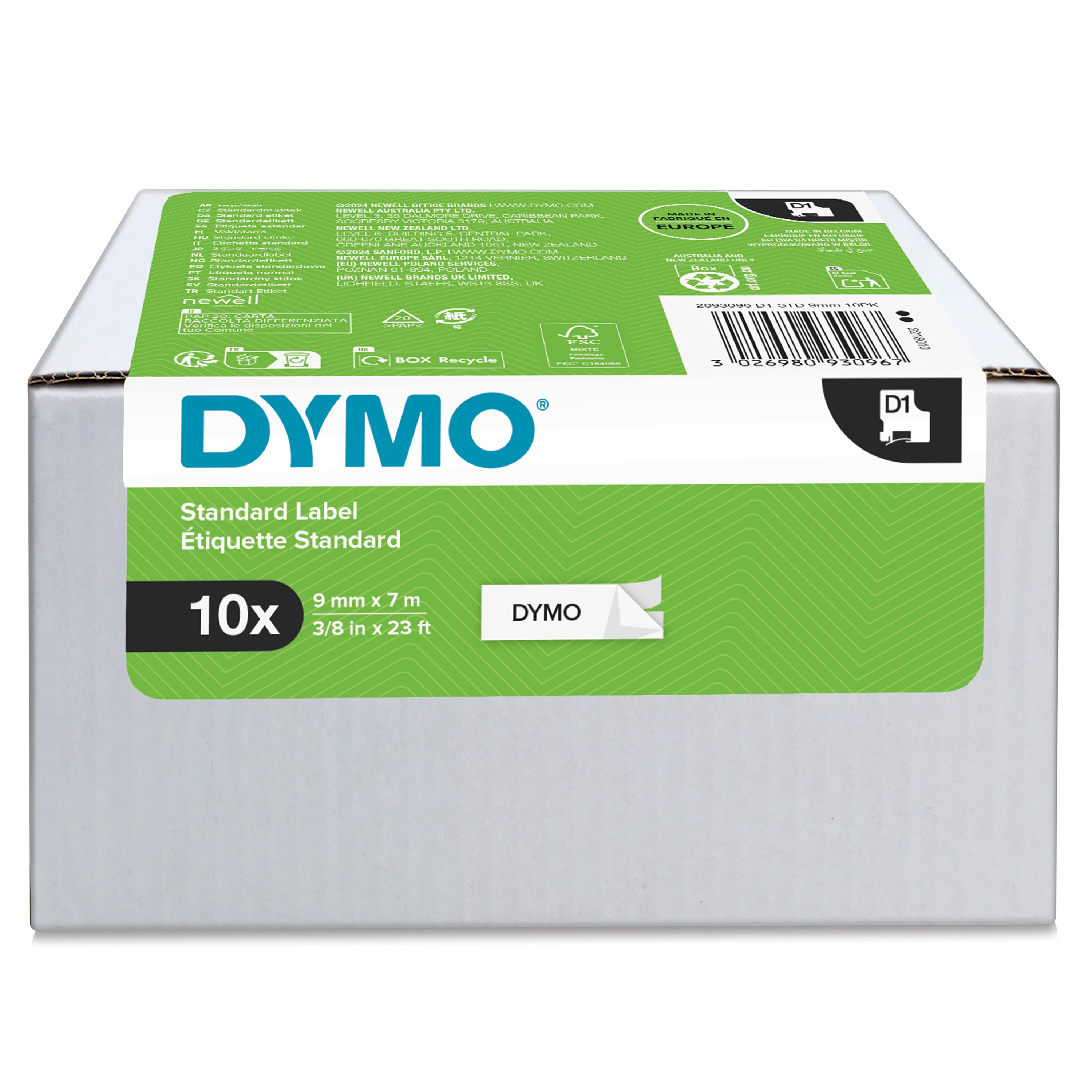 DYMO Original D1-Etikettenband | schwarz auf weiß | 9 mm x 7 m | selbstklebendes Schriftband | für LabelManager-Beschriftungsgerät | 10 D1 Etikettenkassetten