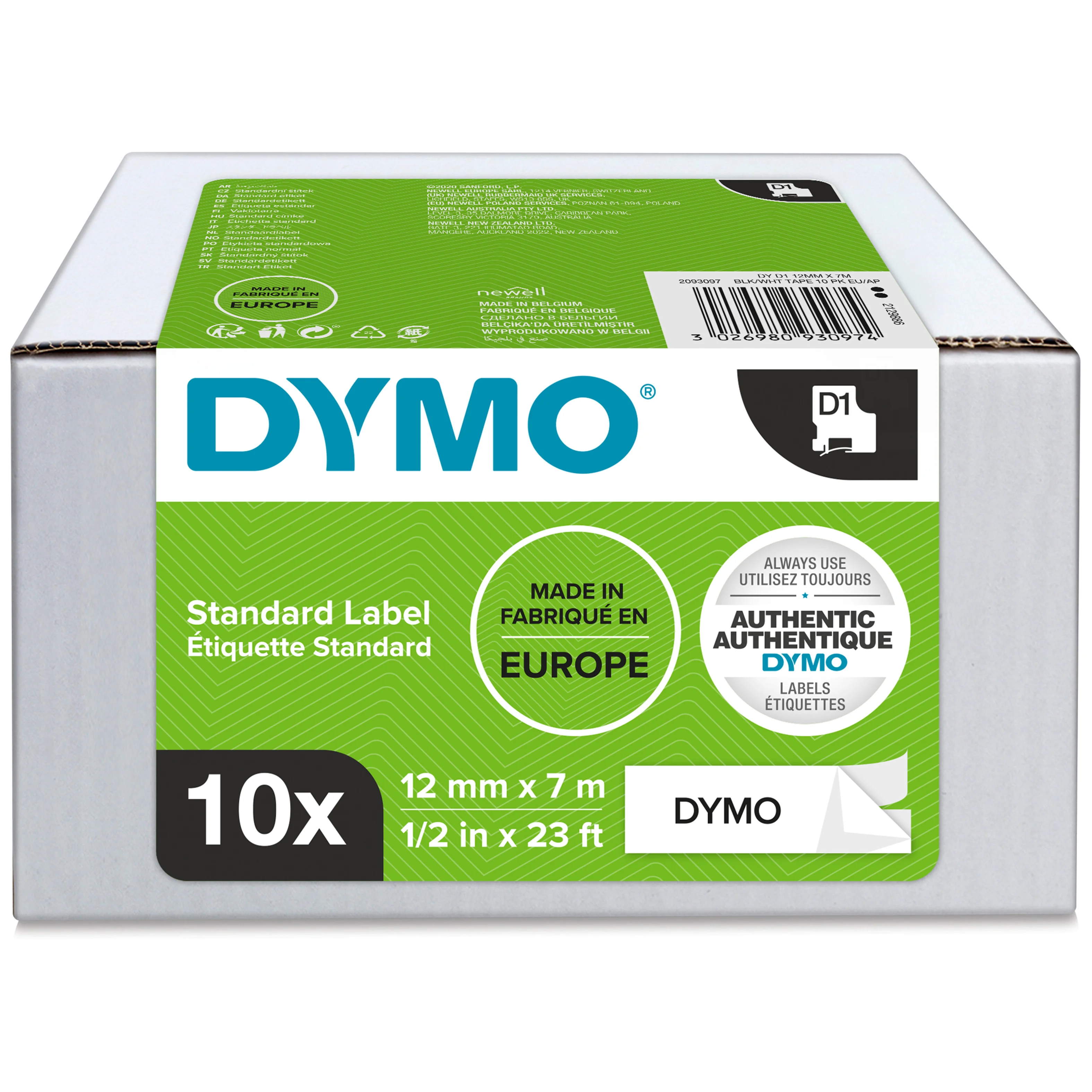 DYMO Original D1-Etikettenband | schwarz auf weiß | 12 mm x 7 m | selbstklebendes Schriftband | für LabelManager-Beschriftungsgerät | 10 Etikettenkassetten