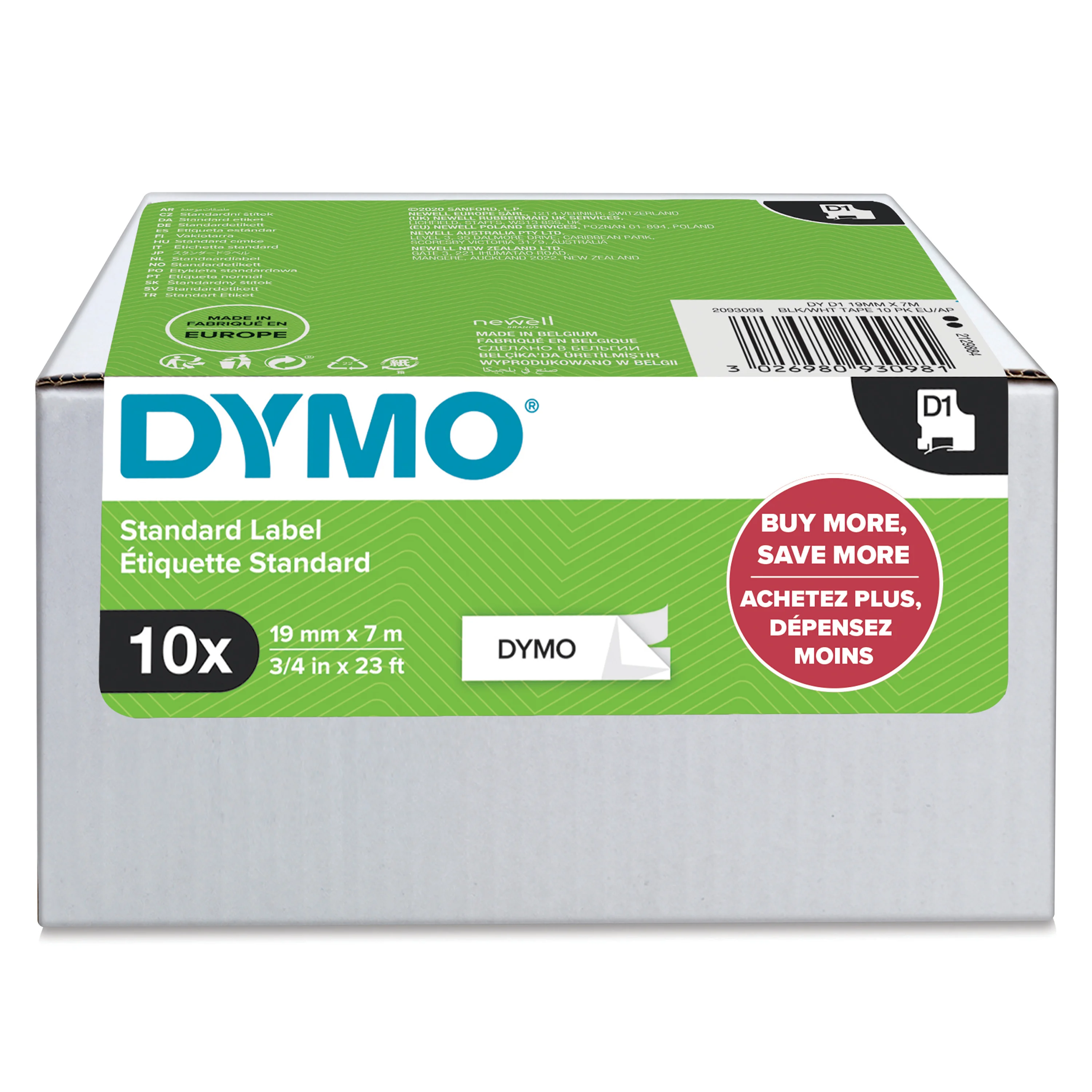 DYMO Original D1-Etikettenband | schwarz auf weiß | 19 mm x 7 m | selbstklebendes Schriftband | für LabelManager-Beschriftungsgerät | 10 D1 Etikettenkassetten