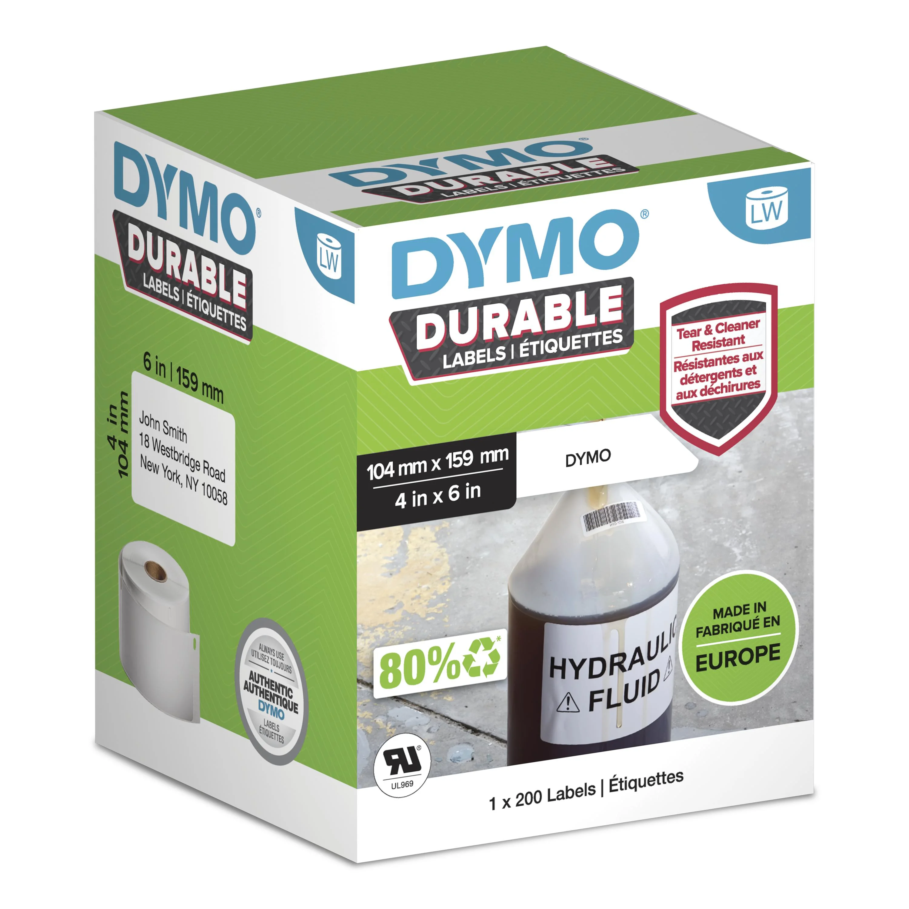 DYMO Original LabelWriter Hochleistungs-Etiketten | 104 mm x 159 mm | weißes Kunststoff-Etikett | Rolle mit 200 Etiketten | für LabelWriter-Beschriftungsgerät