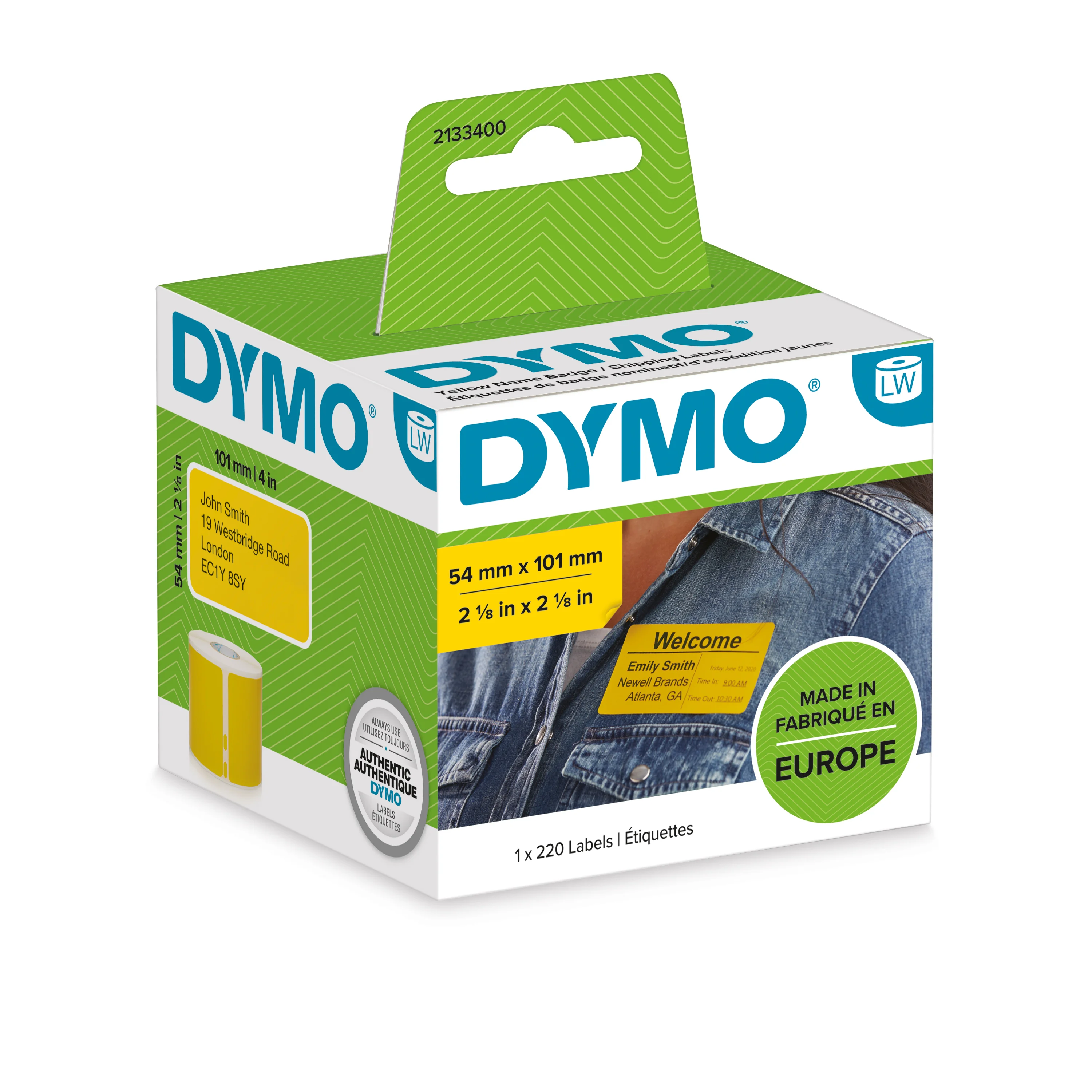 DYMO Original LabelWriter Versandetiketten / Namensschilder (Groß) | Schwarz auf gelb | 54 mm x 101 mm | Selbstklebend | Rolle mit 220 Easy-Peel-Etiketten |für LabelWriter Etikettendrucker