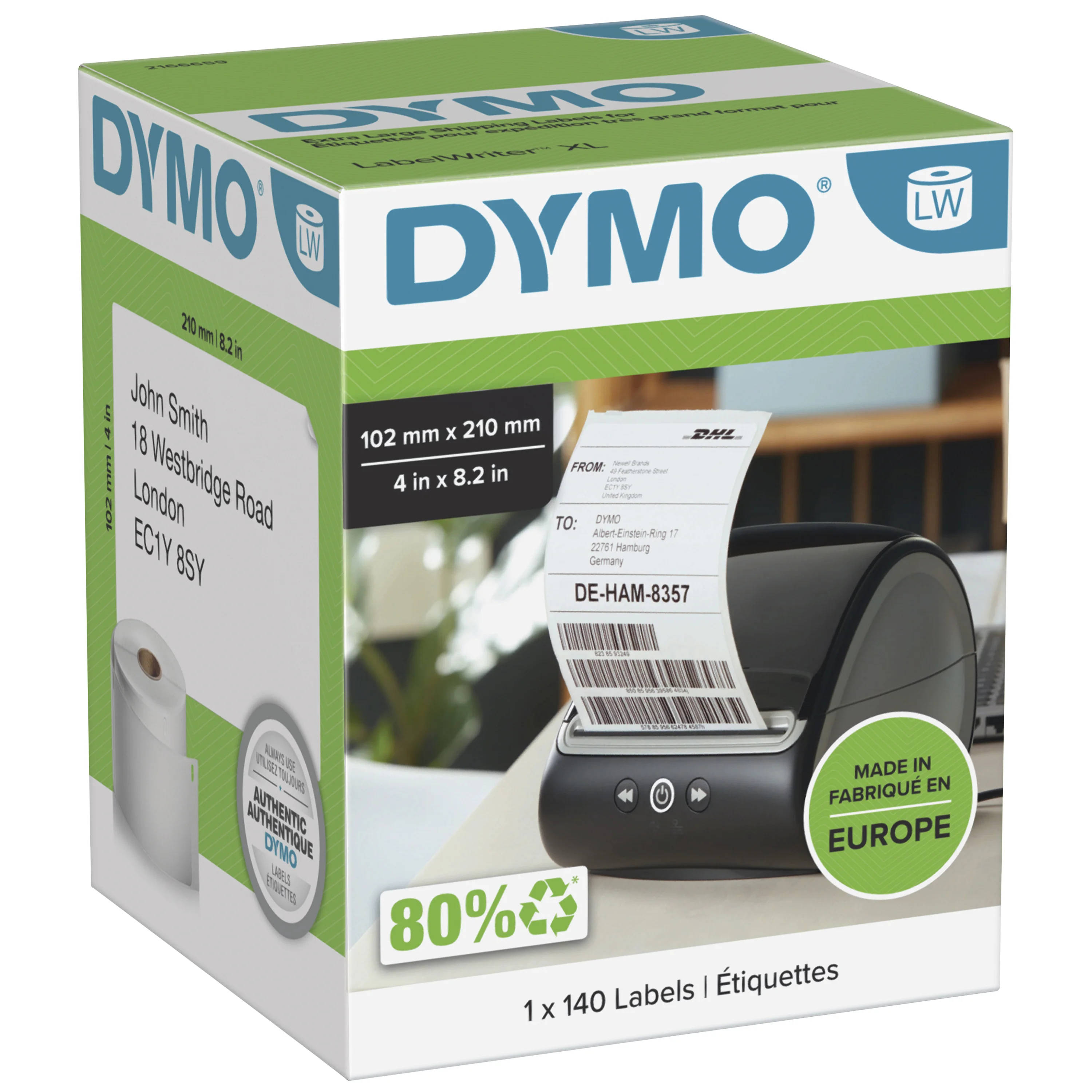 DYMO Original LabelWriter DHL Versandetiketten für LabelWriter 5XL/4XL-Etikettendrucker | 102 mm x 210 mm | Rolle mit 140 Etiketten | selbstklebend | für LabelWriter Beschriftungsgerät