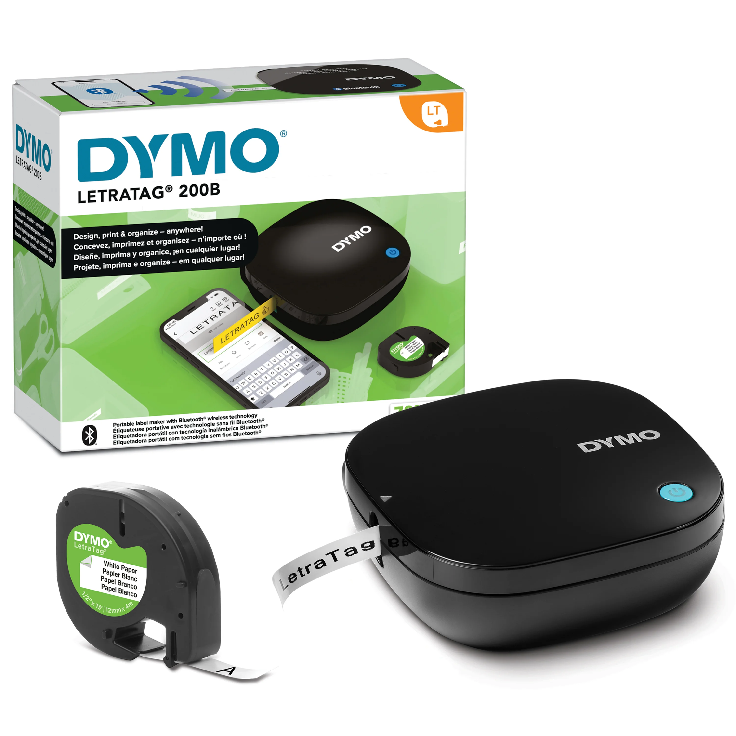 DYMO LetraTag 200B-Beschriftungsgerät mit Bluetooth | kompakter Etikettendrucker | verbindet sich über Wireless Bluetooth-Technologie mit iOS und Android | inklusive 1 x Papierschriftband in Weiß