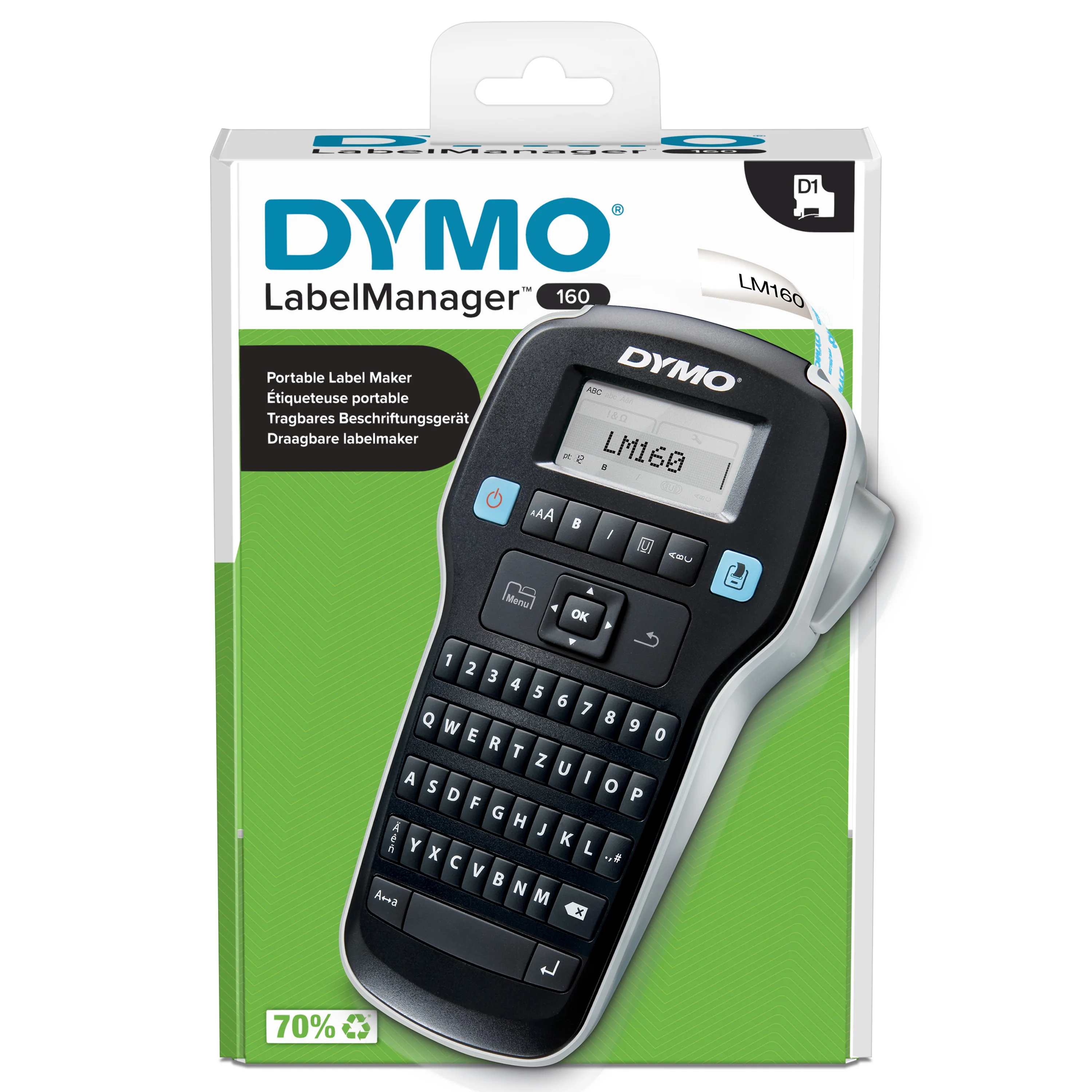 DYMO LabelManager 160 Tragbares Beschriftungsgerät | Etikettiergerät mit QWERTZ Tastatur & Einfache Textbearbeitung | für D1 Etiketten in 69 und 12mm Breite