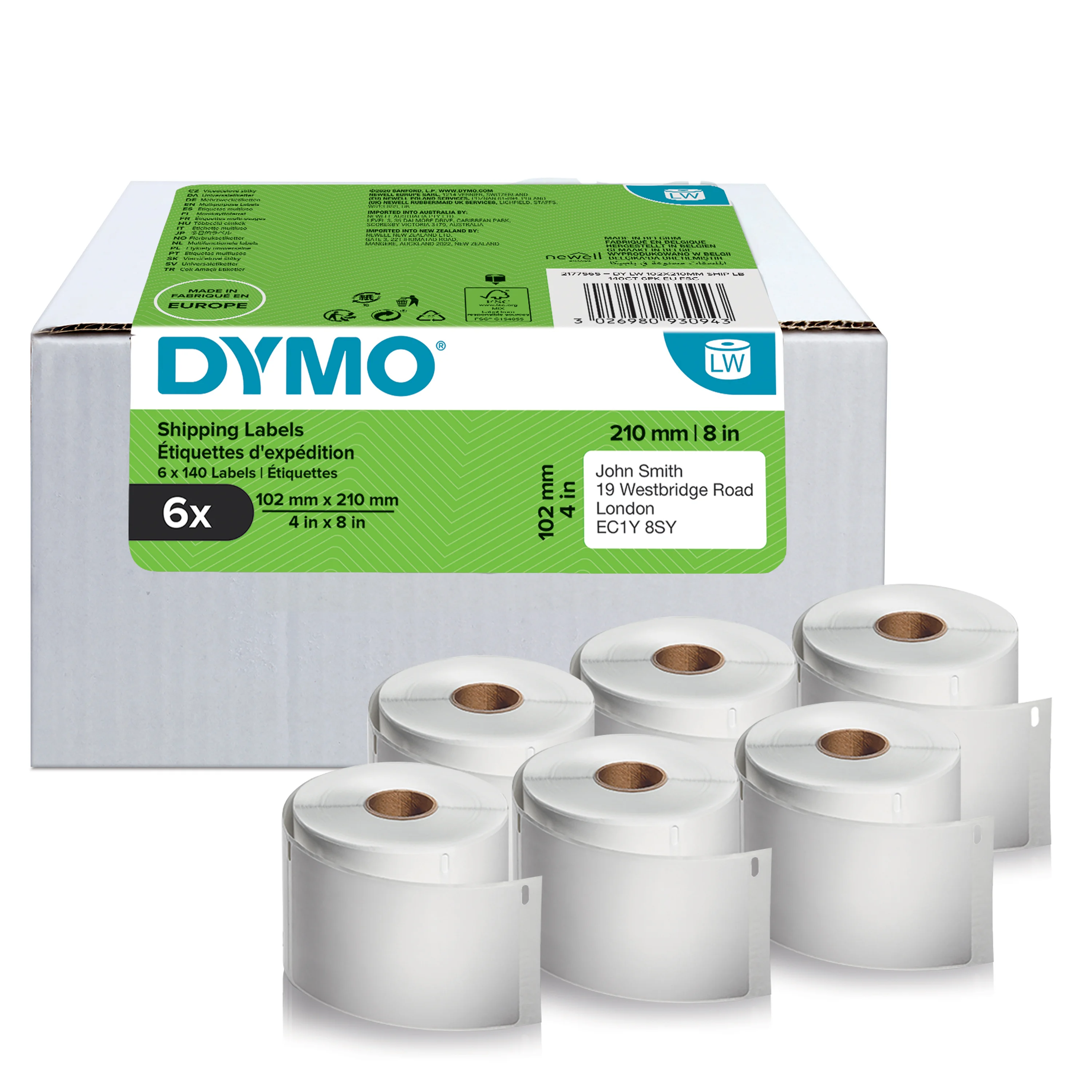DYMO Original LabelWriter Versandetiketten für LabelWriter 5XL/4XL-Etikettendrucker | 102 mm x 210 mm | 6 Rollen mit je 140 Etiketten (840 Stück) | selbstklebend | für LabelWriter Beschriftungsgerät