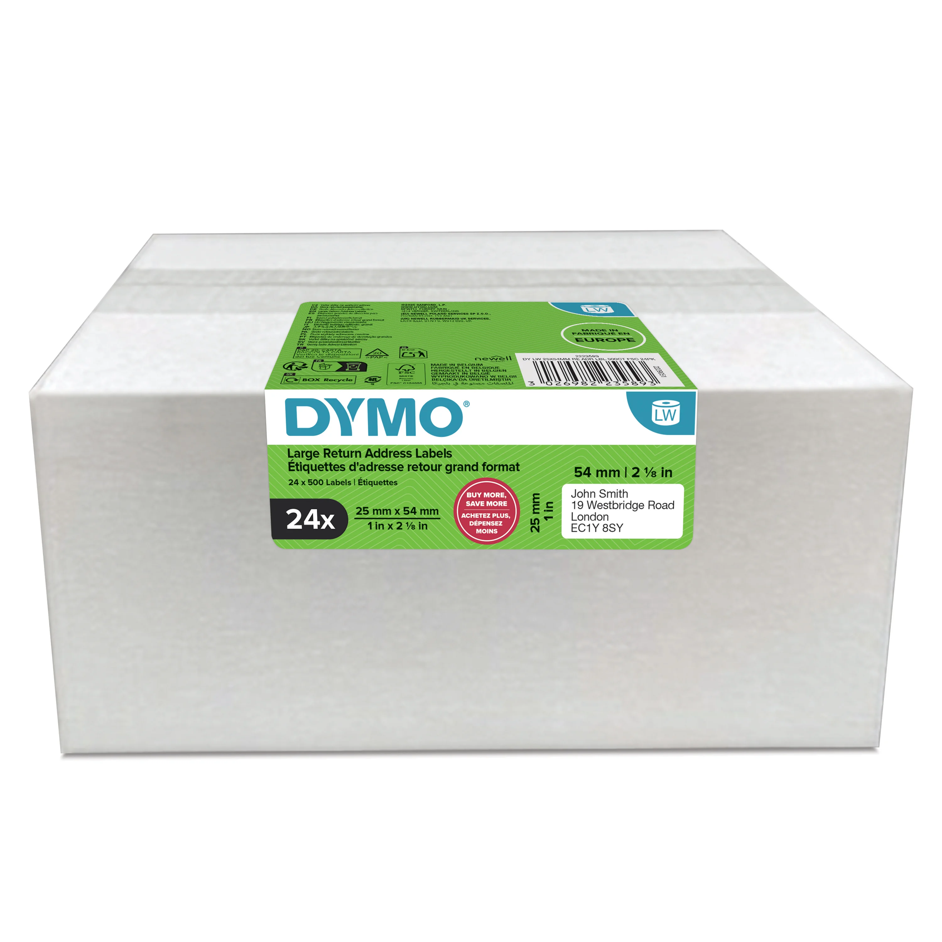 DYMO Original LabelWriter Rücksendeadressetiketten | 25mm x 54mm | 24 Rollen mit je 500 leicht ablösbaren Etiketten (12.000 Stück) | selbstklebend | Beschriftungsgerät für LabelWriter Etikettendrucker