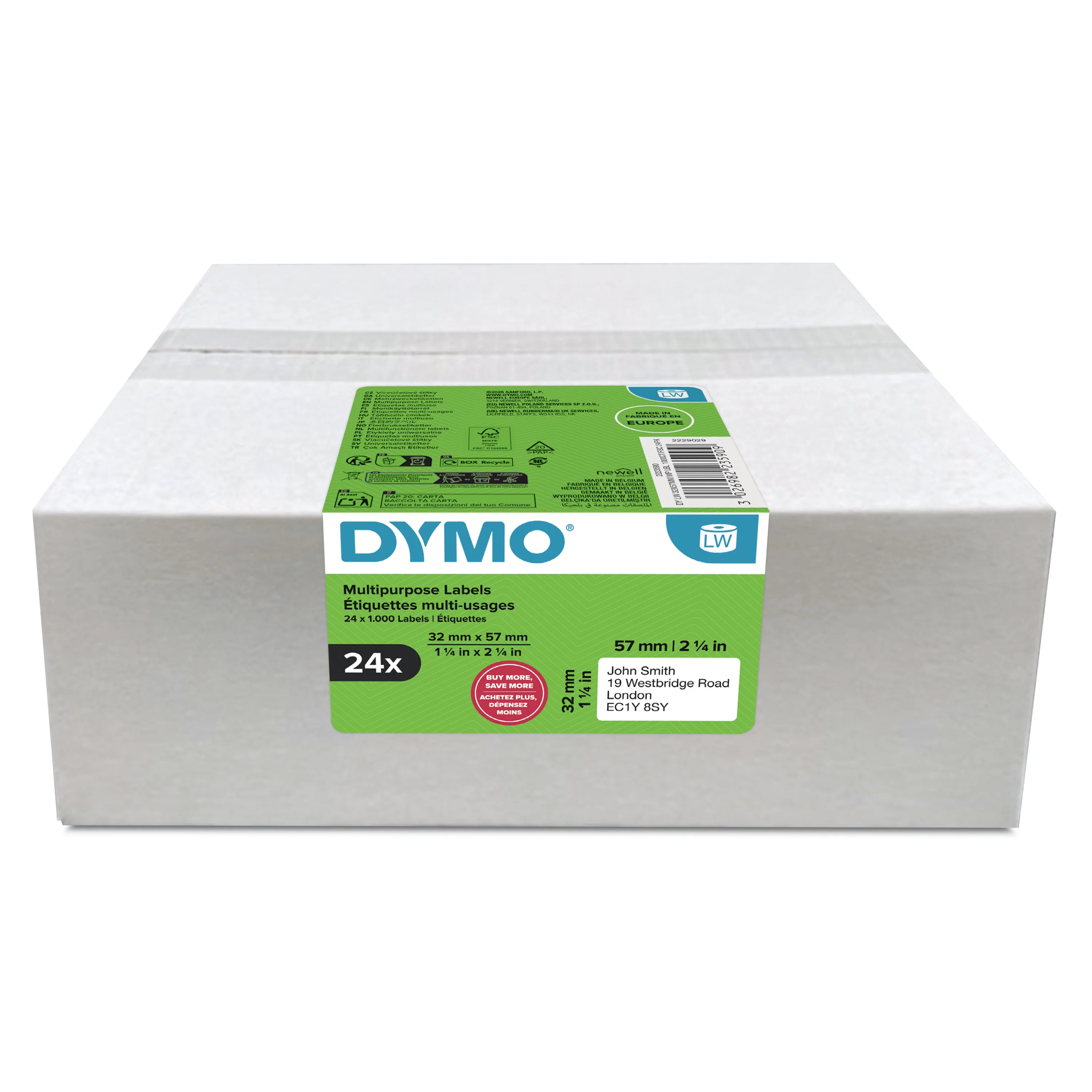 DYMO Original LabelWriter Mehrzwecketiketten | 32 mm x 57 mm | 24 Rollen mit je 1.000 leicht ablösbaren Etiketten (24.000 Etiketten) | selbstklebende Etiketten| für LabelWriter-Beschriftungsgerät