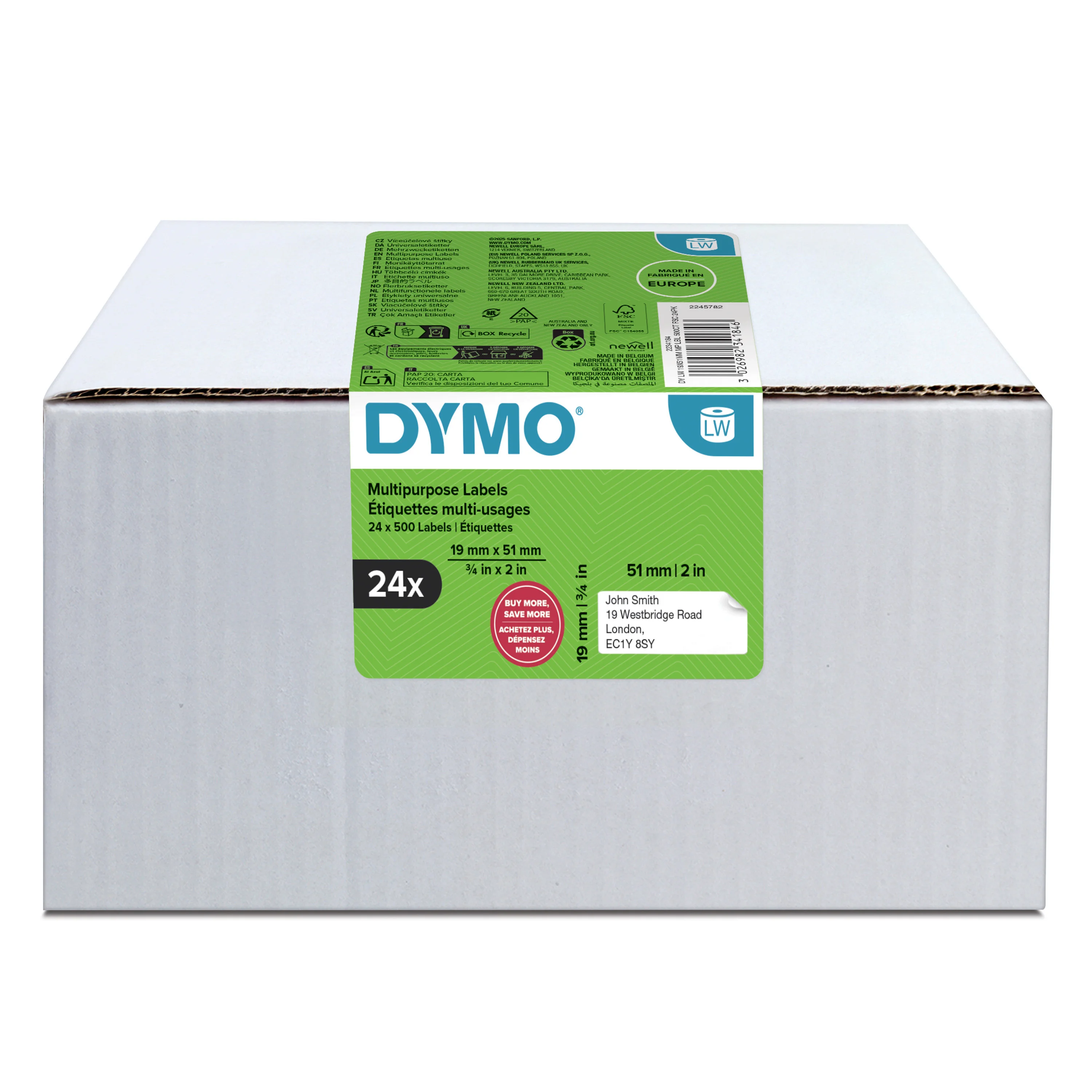 DYMO Original LabelWriter Mehrzwecketiketten/-Rücksendeetiketten | 19 mm x 51 mm | 24 Rollen mit je 500 leicht ablösbaren Etiketten (12.000 Stück) | für LabelWriter Beschriftungsgerät