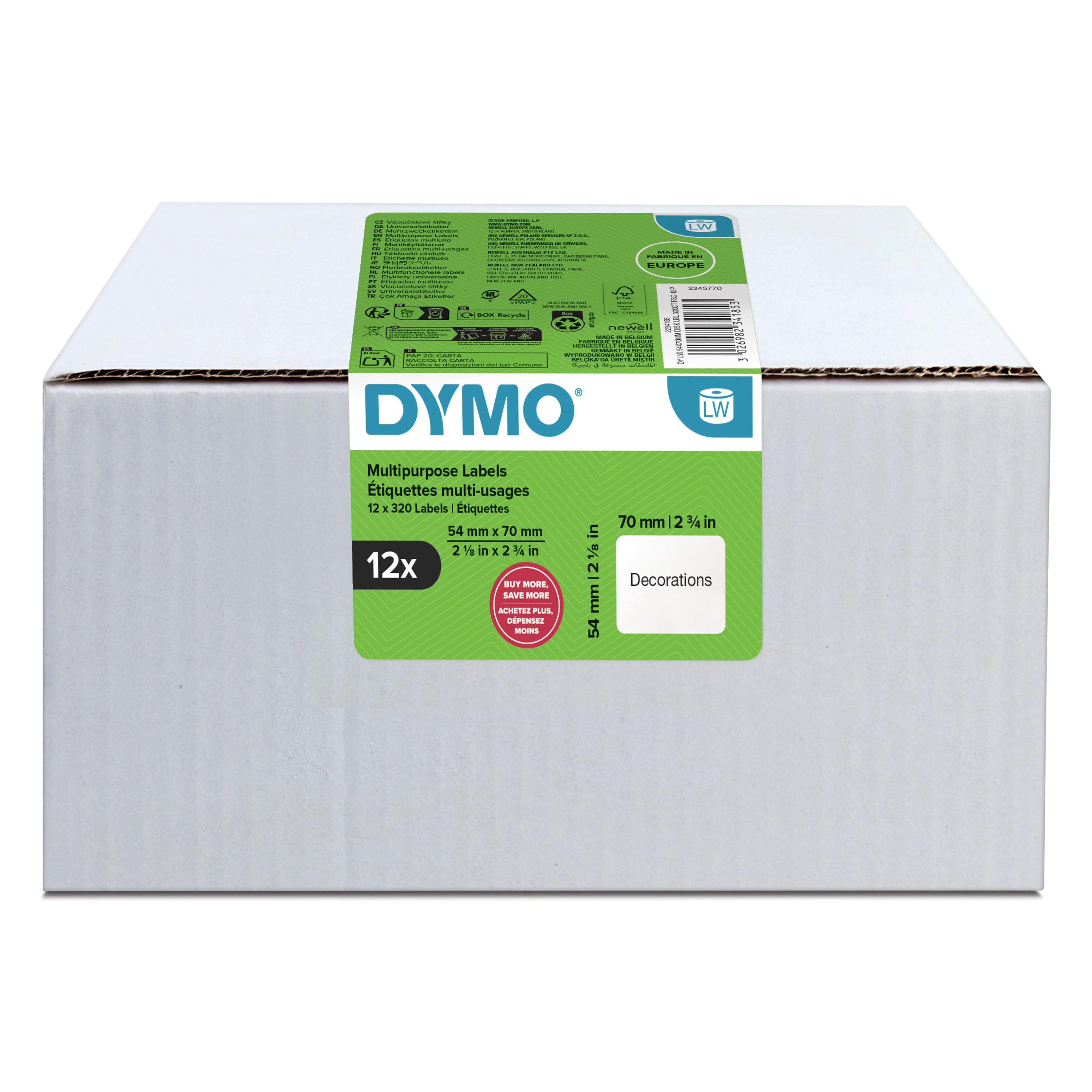 DYMO Original LabelWriter Mehrzwecketiketten | 54 mm x 70 mm | 12 Rollen mit je 320 leicht ablösbaren Etiketten (3.840 Stück) | für LabelWriter Etikettendrucker und Beschriftungsgerät