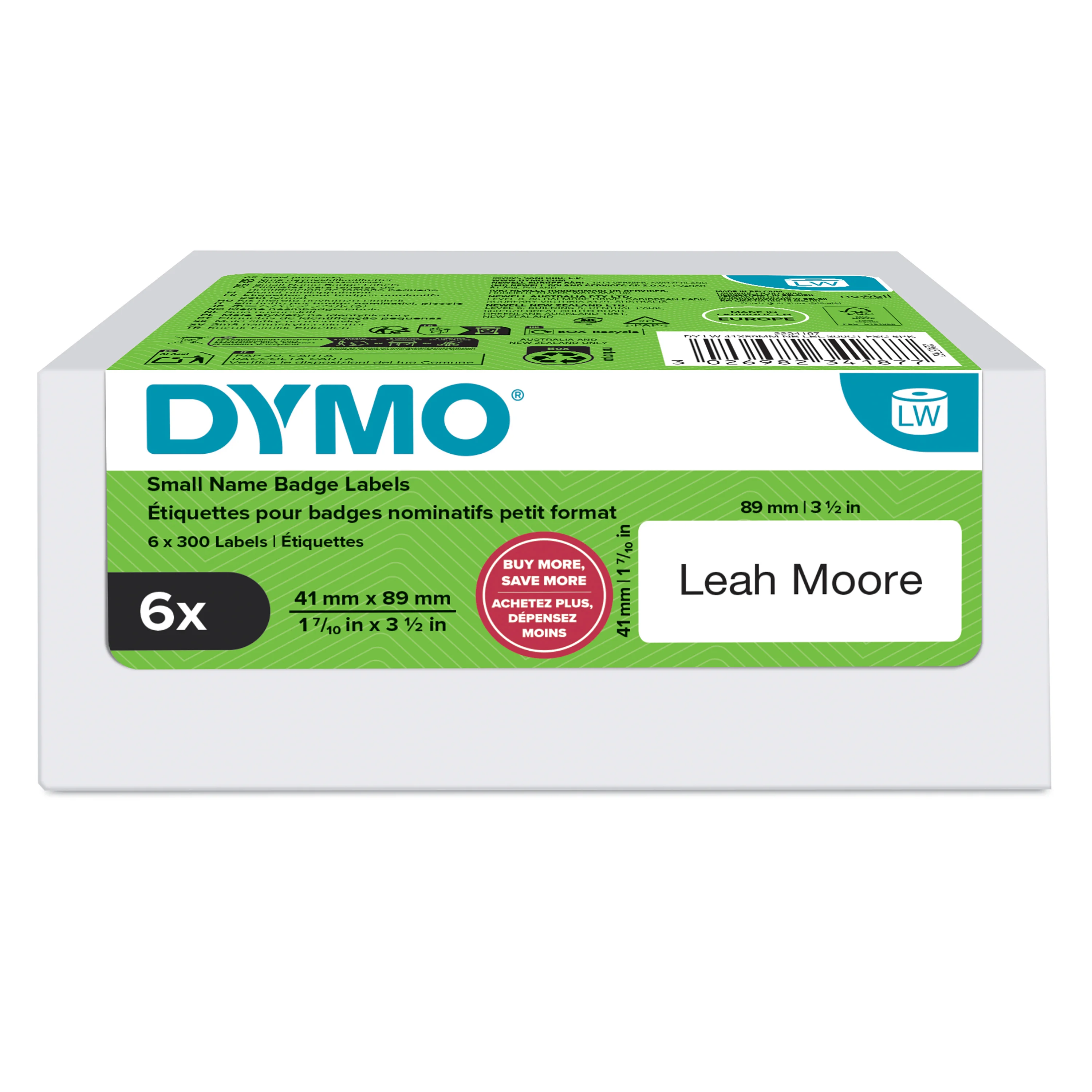 DYMO Original LabelWriter Etiketten für kleine Namensschilder | 41 mm x 89 mm | 6 Rollen mit je 300 leicht ablösbaren Etiketten (1.800 Stück) | für LabelWriter Beschriftungsgerät