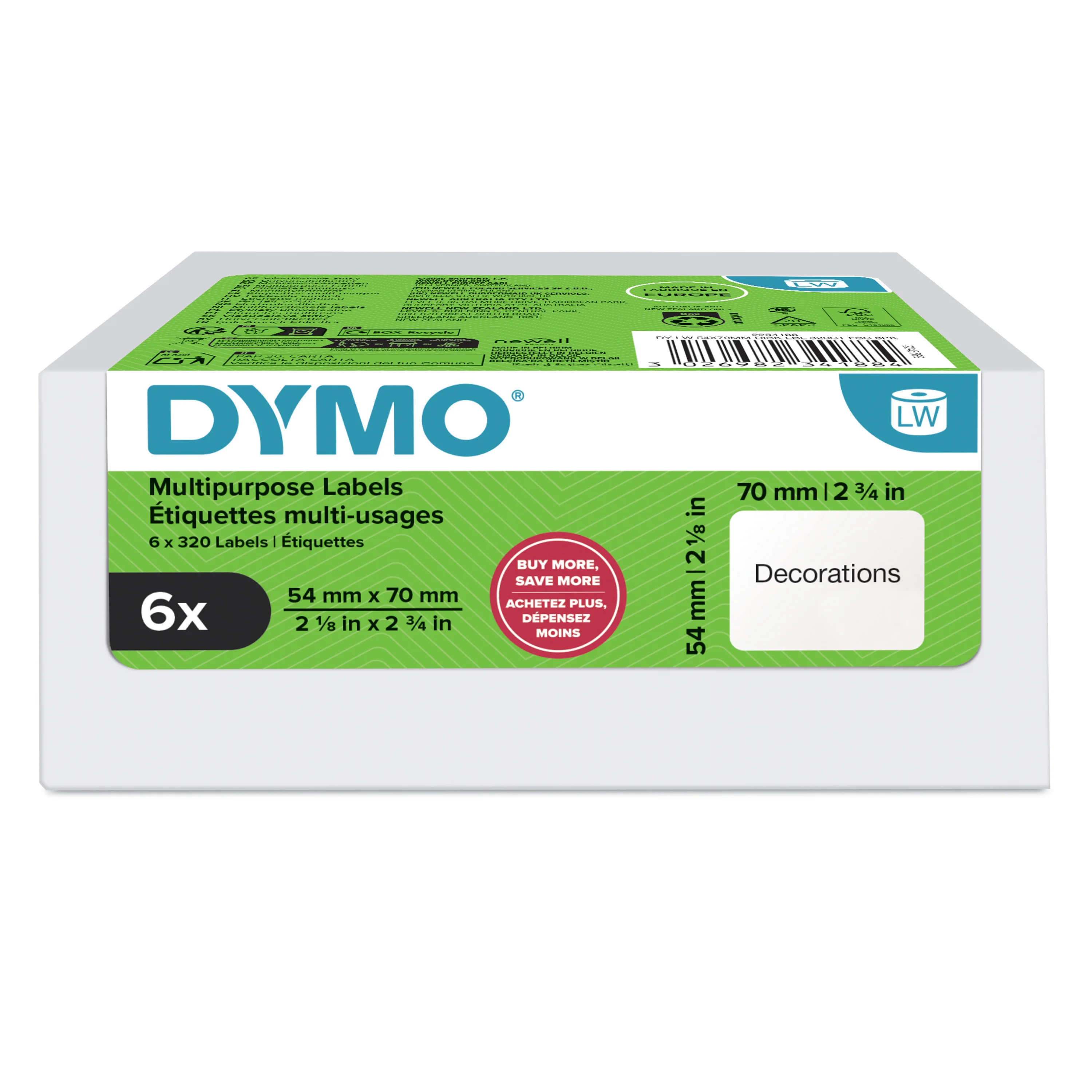 DYMO Original LabelWriter Mehrzwecketiketten | 54 mm x 70 mm | 6 Rollen mit je 320 leicht ablösbaren Etiketten (1.920 Stück) | für LabelWriter Etikettendrucker und Beschriftungsgerät