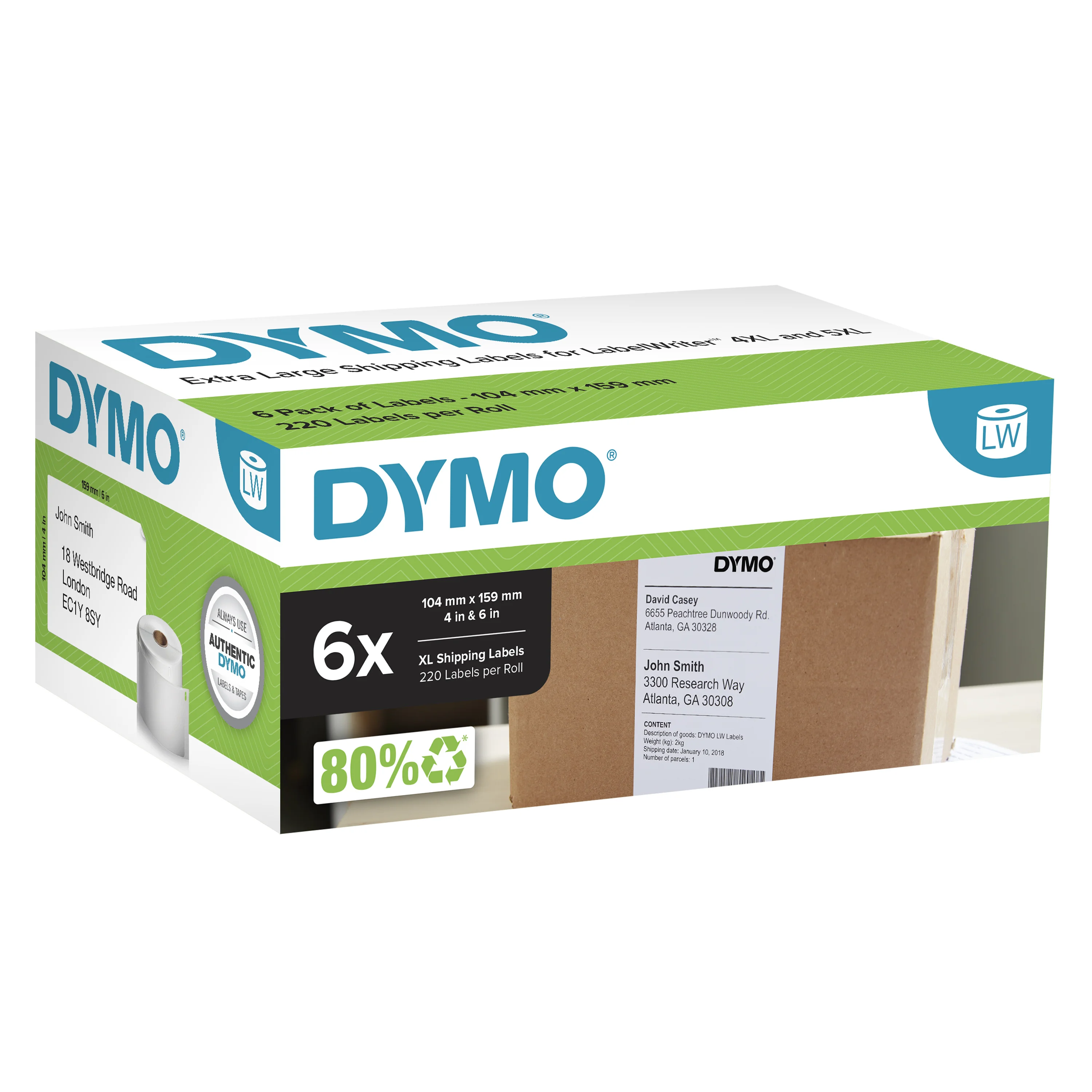 DYMO Original LabelWriter Versandetiketten (Extragroß) für LabelWriter 5XL/4XL-Etikettendrucker | 104 mm x 159 mm | 6 Rollen mit je 220 leicht ablösbaren Etiketten (1.320 Stück)