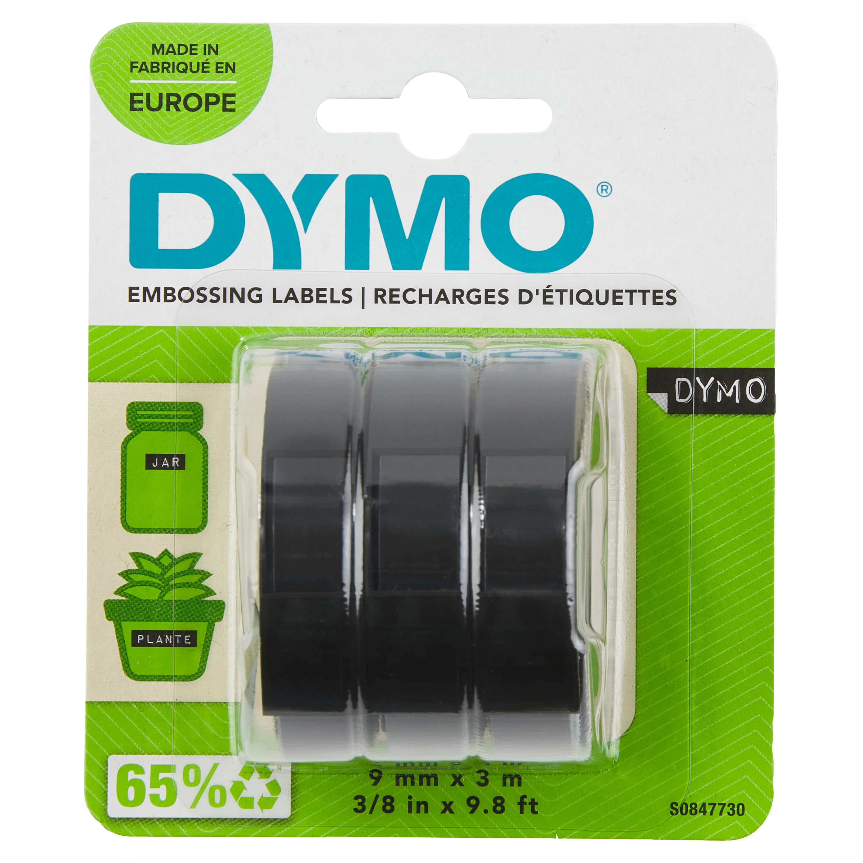 DYMO Original Prägeband | 3D weiß auf schwarz | 9 mm x 3 m | selbstklebendes Kunststoff Etikettenband | für Junior & Omega Beschriftungsgerät | 3 Prägebänder