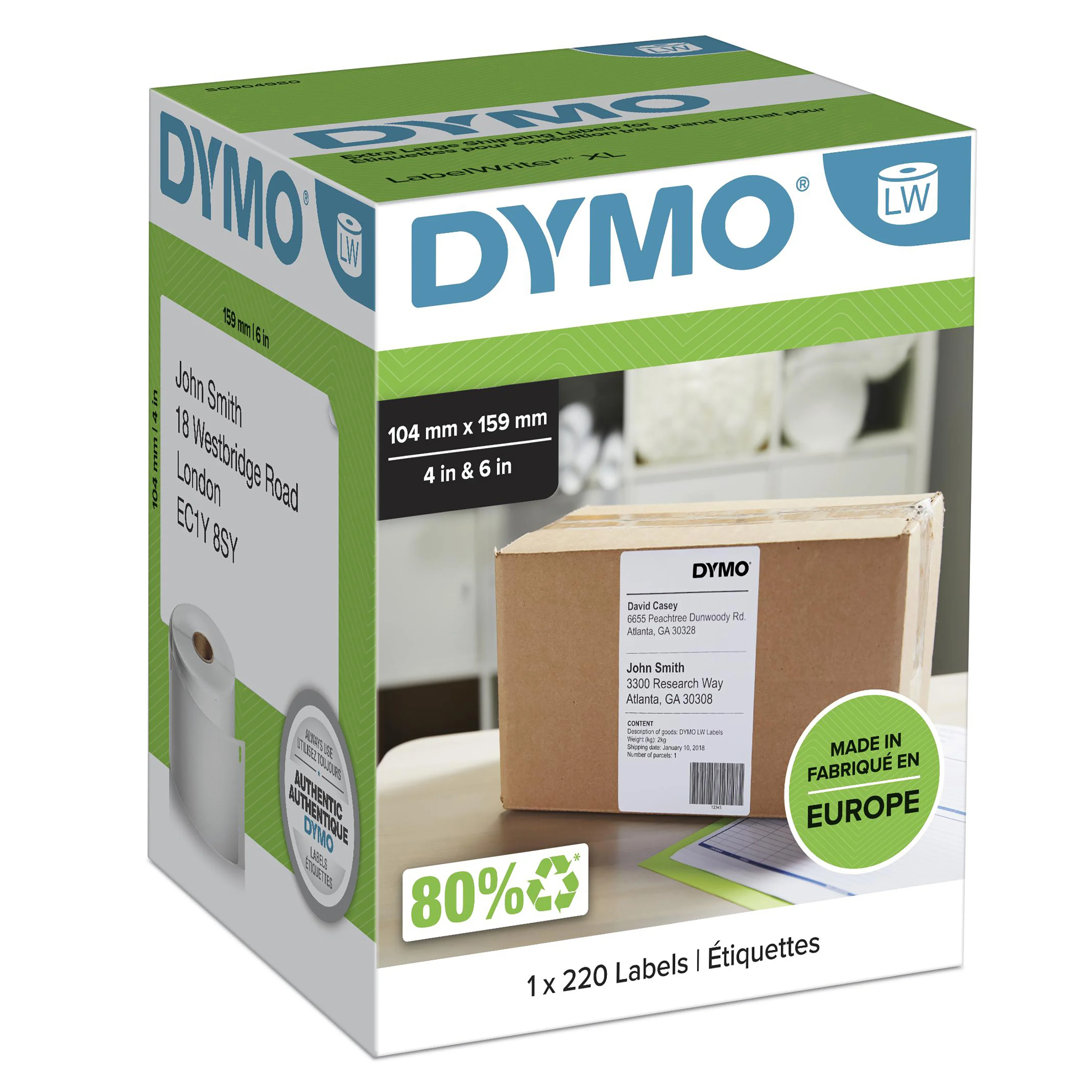 DYMO Original LabelWriter Versandetiketten (Extragroß) für LabelWriter 5XL/4XL-Etikettendrucker | 104 mm x 159 mm | Rolle mit 220 Etiketten | selbstklebend | für LabelWriter Beschriftungsgerät