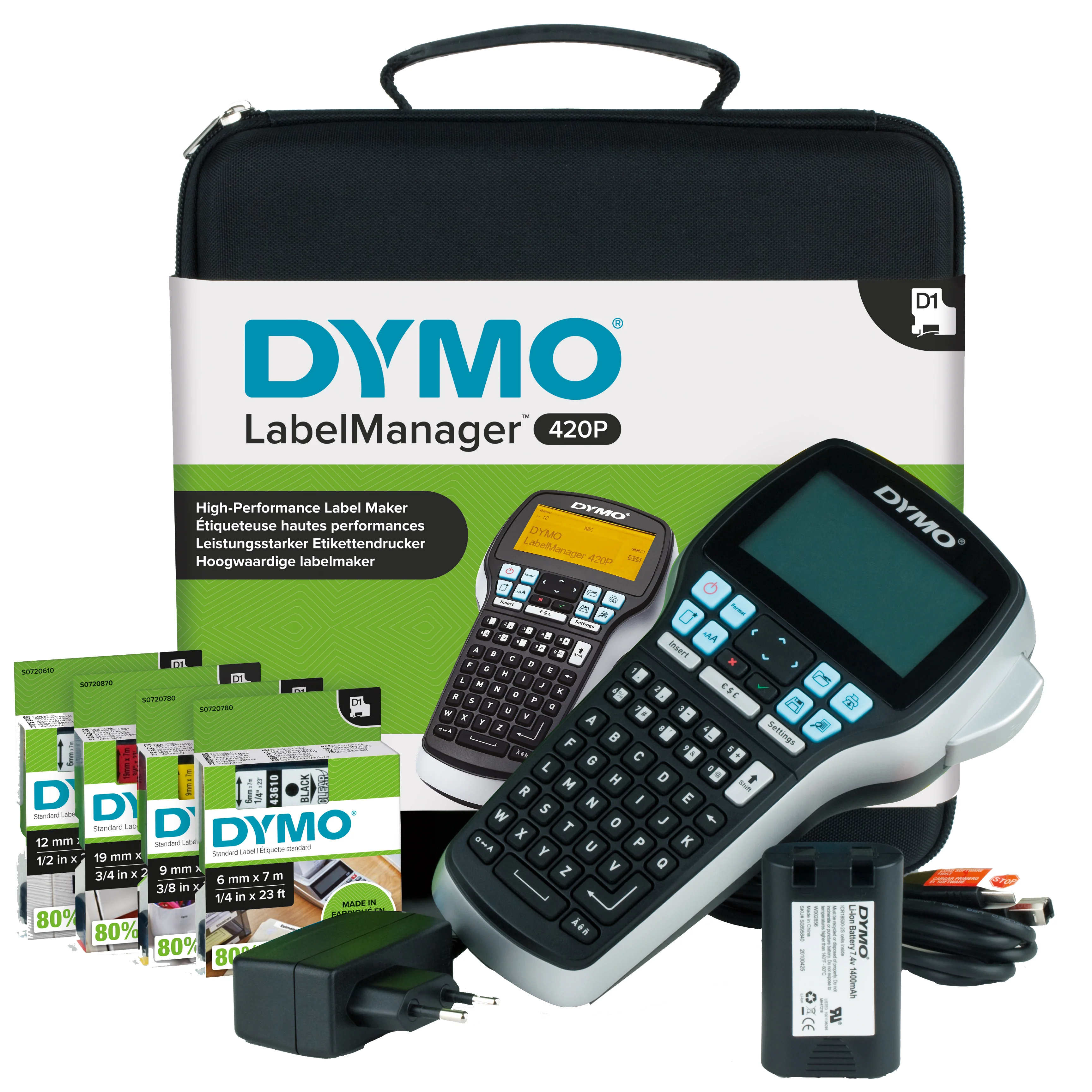 DYMO LabelManager 420P Beschriftungsgerät im Koffer | Tragbares Etikettiergerät mit ABC Tastatur | mit extra Rollen D1-Beschriftungsband | für D1 Etiketten in 691219 mm Breite