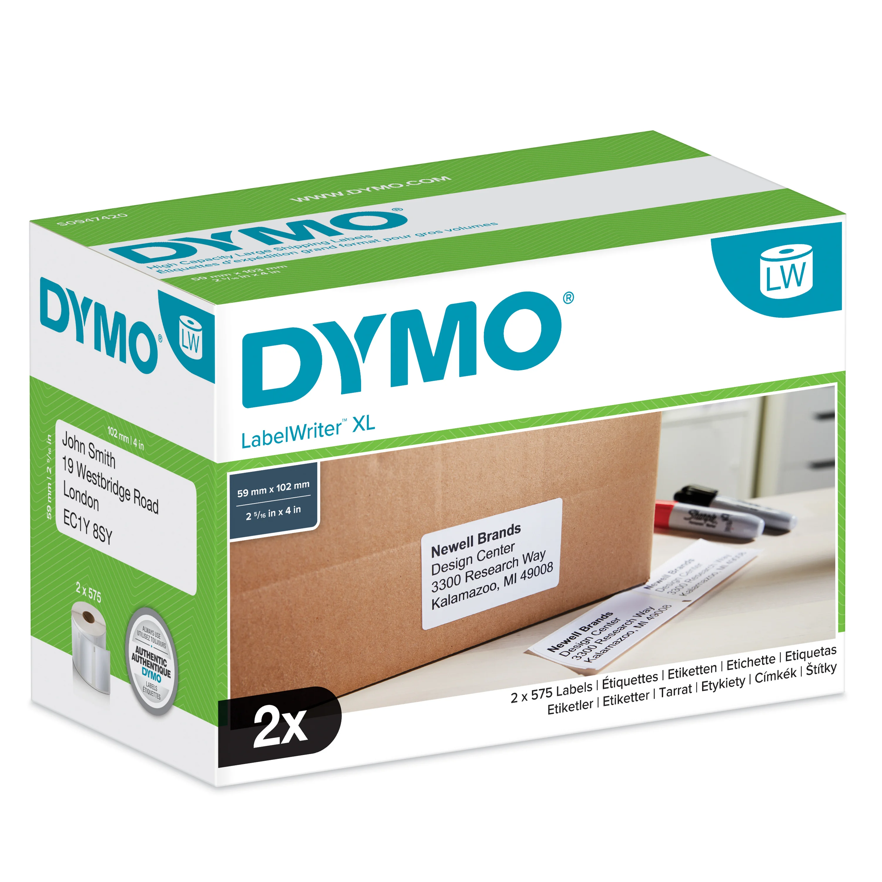 DYMO Original LabelWriter Versand/Namensschild-Etiketten | 102 mm x 59 mm | 2 Rollen mit je 575 leicht ablösbaren Etiketten (1.150 Etiketten) | für LabelWriter 4XL/5XL Etikettendrucker