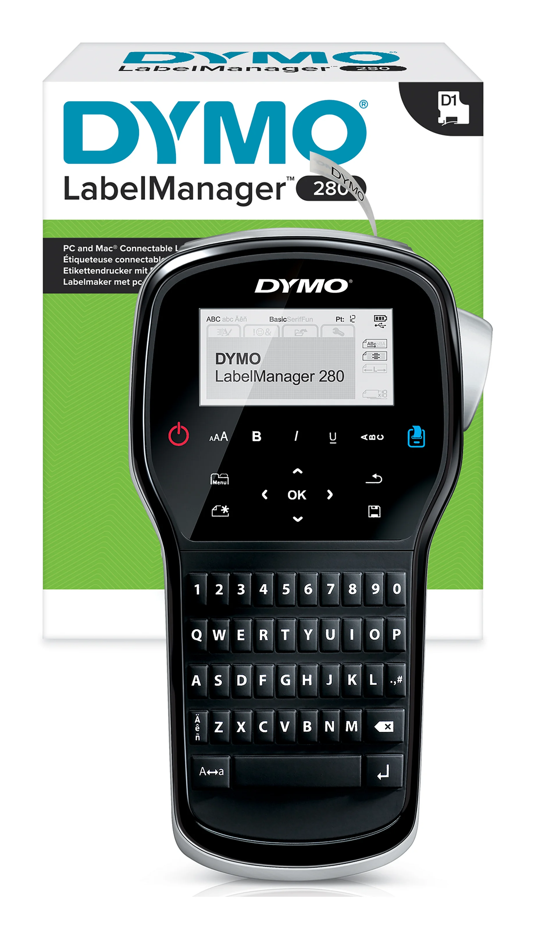 DYMO LabelManager 280 Tragbares Beschriftungsgerät | Wiederaufladbares Etikettiergerät mit QWERTZ Tastatur | mit PC/Mac Schnittstelle | für D1 Etiketten in 69 und 12mm Breite