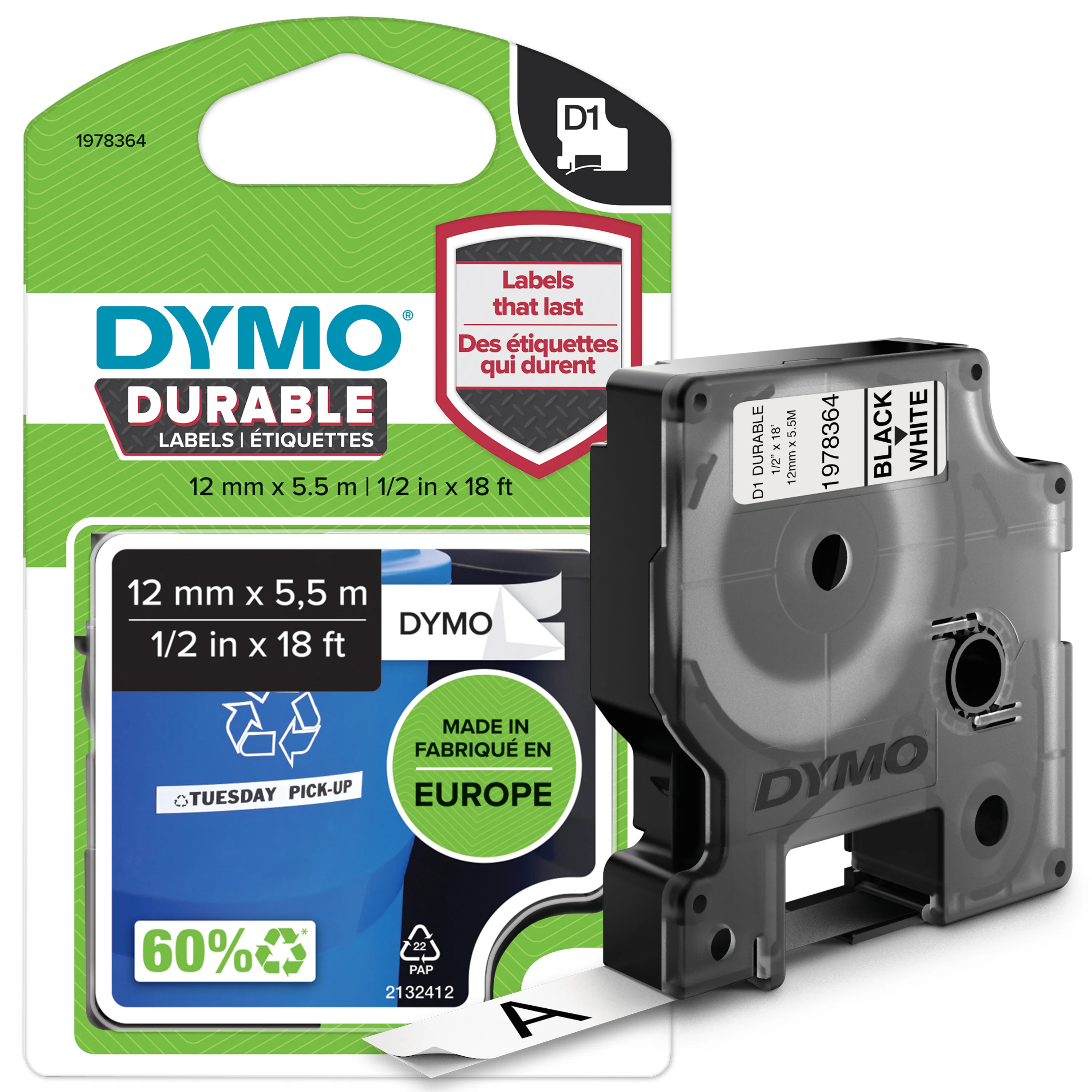 DYMO Original D1 Hochleistungs-Etikettenband | schwarz auf weiß | 12 mm x 5,5 m | permanent haftendes Vinyl- Schriftband | für LabelManager-Beschriftungsgerät