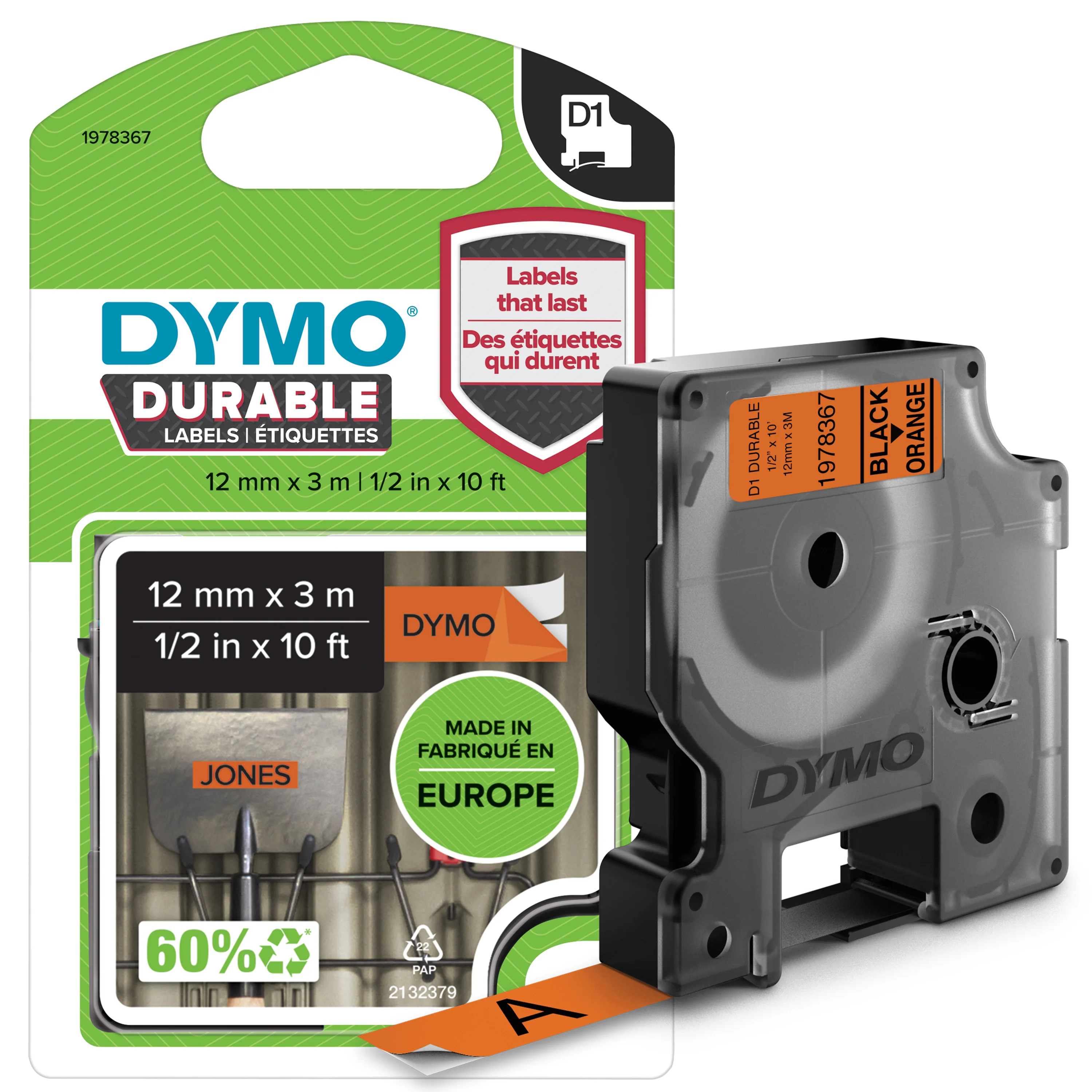 DYMO Original D1 Hochleistungs-Etikettenband | schwarz auf orange | 12 mm x 3 m | permanent haftendes Vinyl- Schriftband | für LabelManager-Beschriftungsgerät