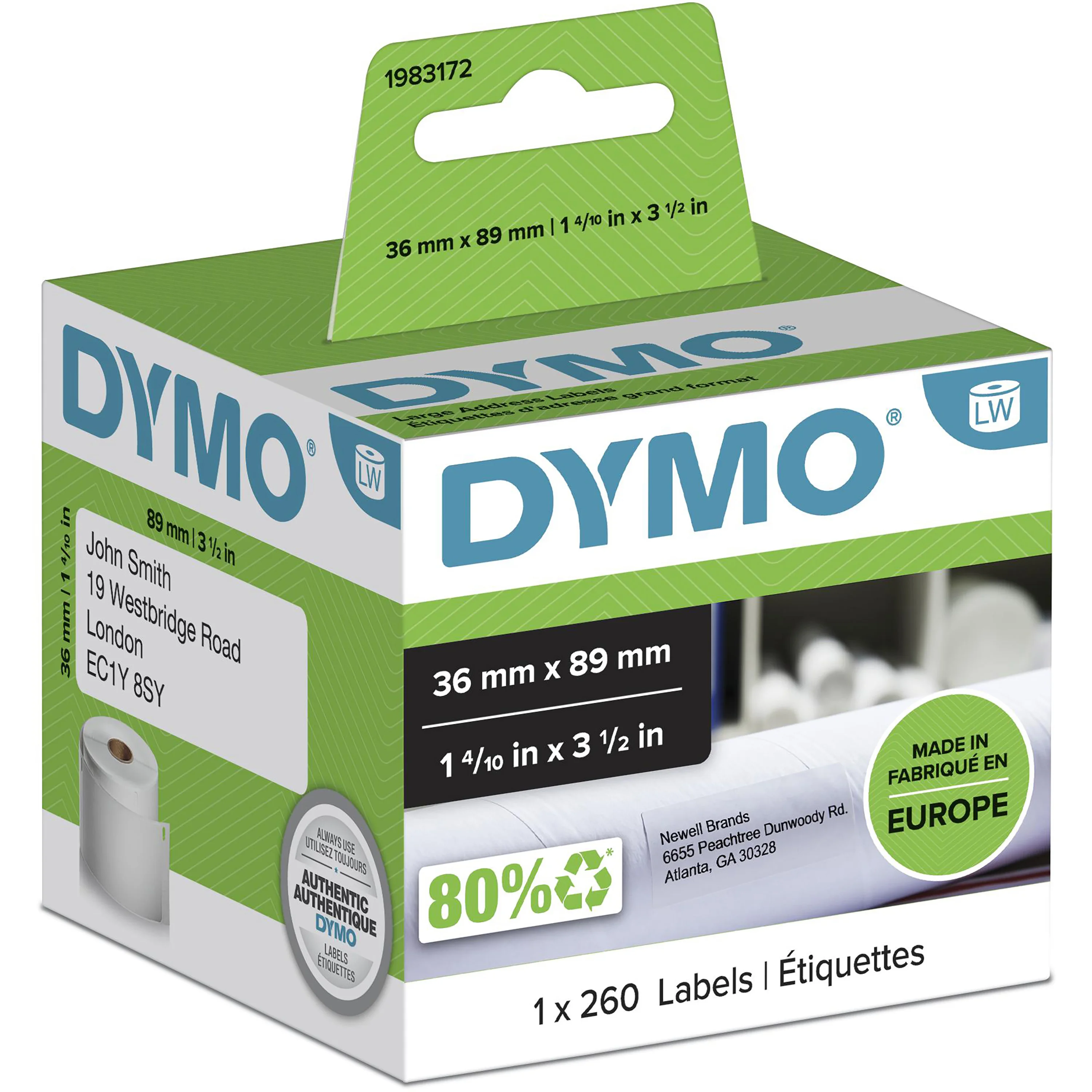 DYMO Original LabelWriter Adressetiketten (Groß) | 36 mm x 89 mm | Rolle mit 260 Etiketten | selbstklebend |für LabelWriter Etikettendrucker und Beschriftungsgerät