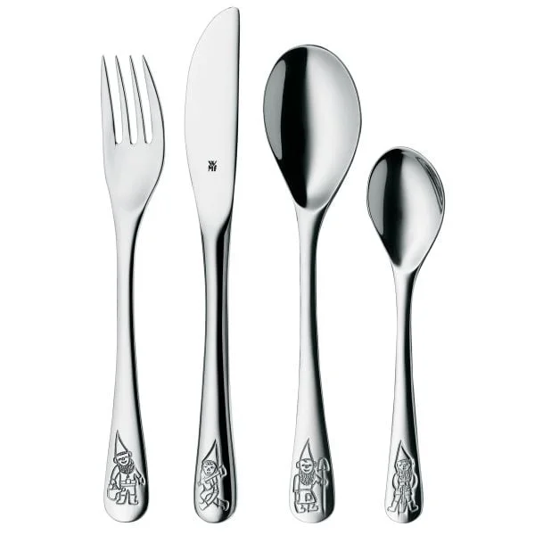 WMF children Cutlery set 4-pieces Zwerge Cromargan 18/10 stainless steel brushed suitable from 3 years with embossed designs Kleinkind-Besteck Edelstahl