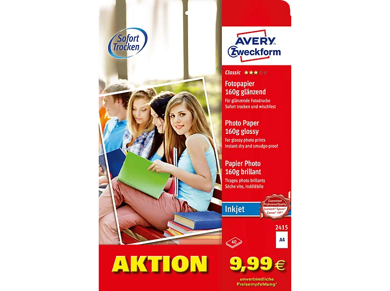 AVERY ZWECKFORM 2415 Classic, hochglänzend, Inkjet Fotopapier 210 x 297 mm A4 40 Blatt