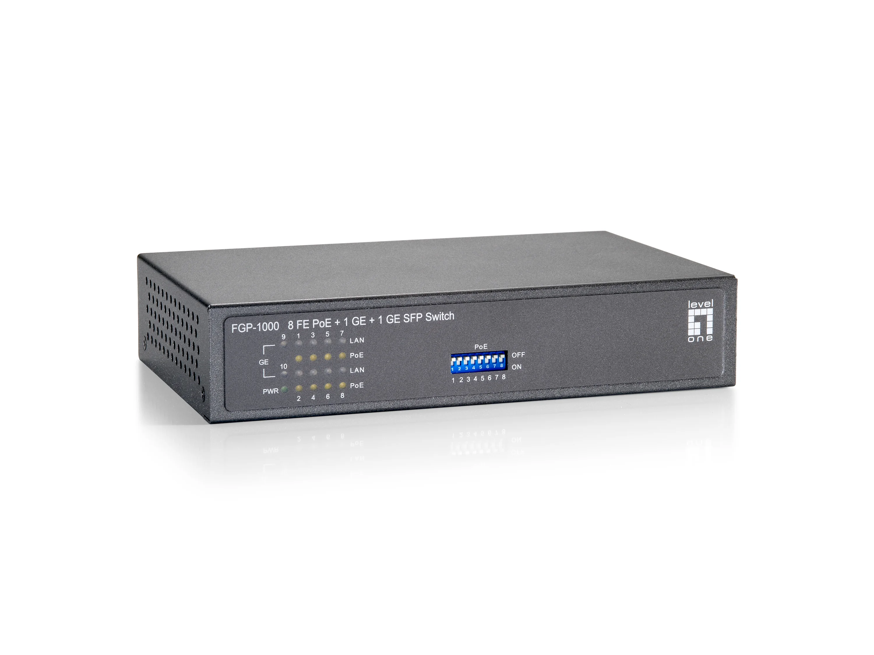 LevelOne 10-Port-Fast Ethernet-PoE-Switch, 1 Port Gigabit, 1 Port Gigabit SFP, 120W, 9 PoE-Ausgängen