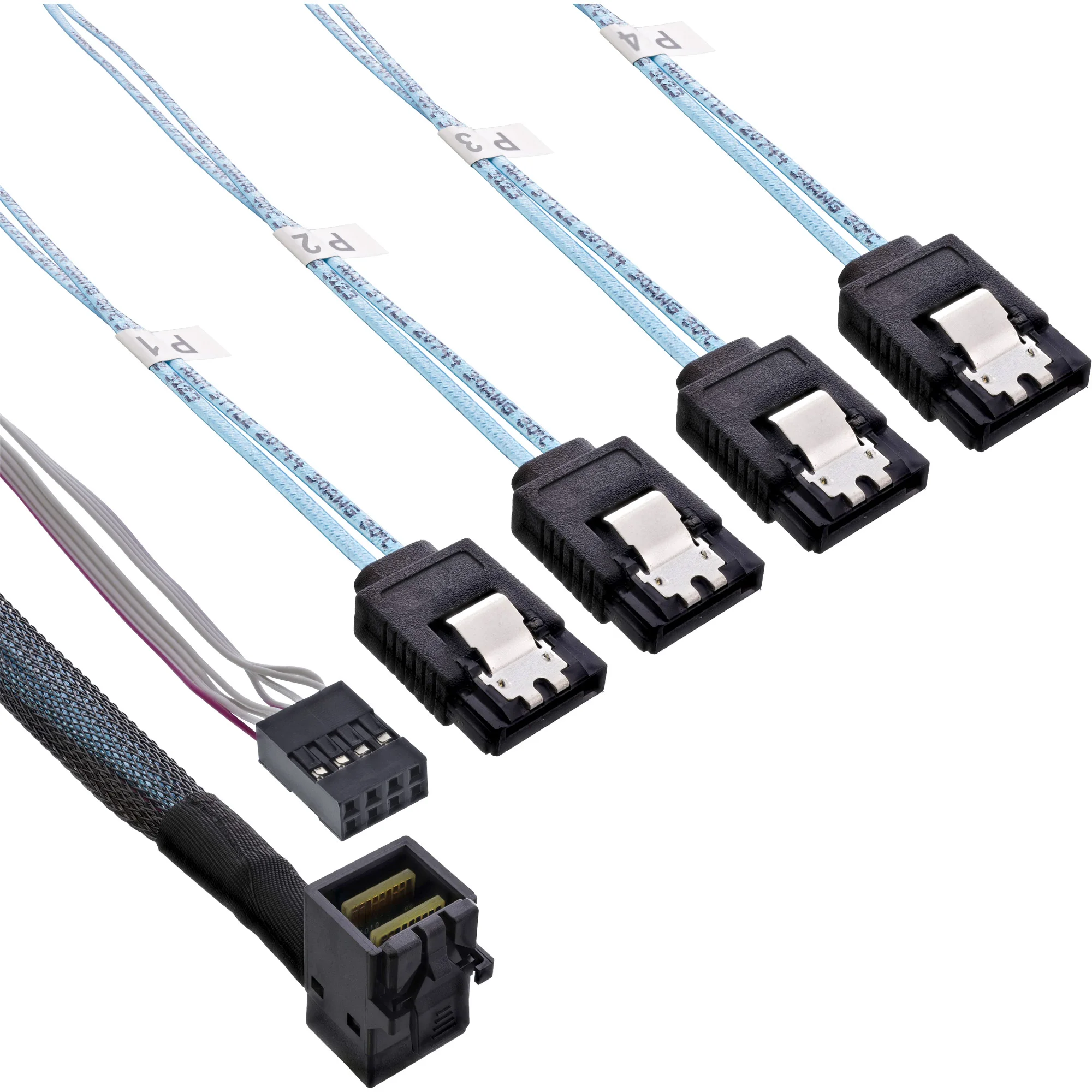InLine Mini SAS HD Kabel, SFF-8643 gewinkelt zu 4x SATA + Sideband, 1m
