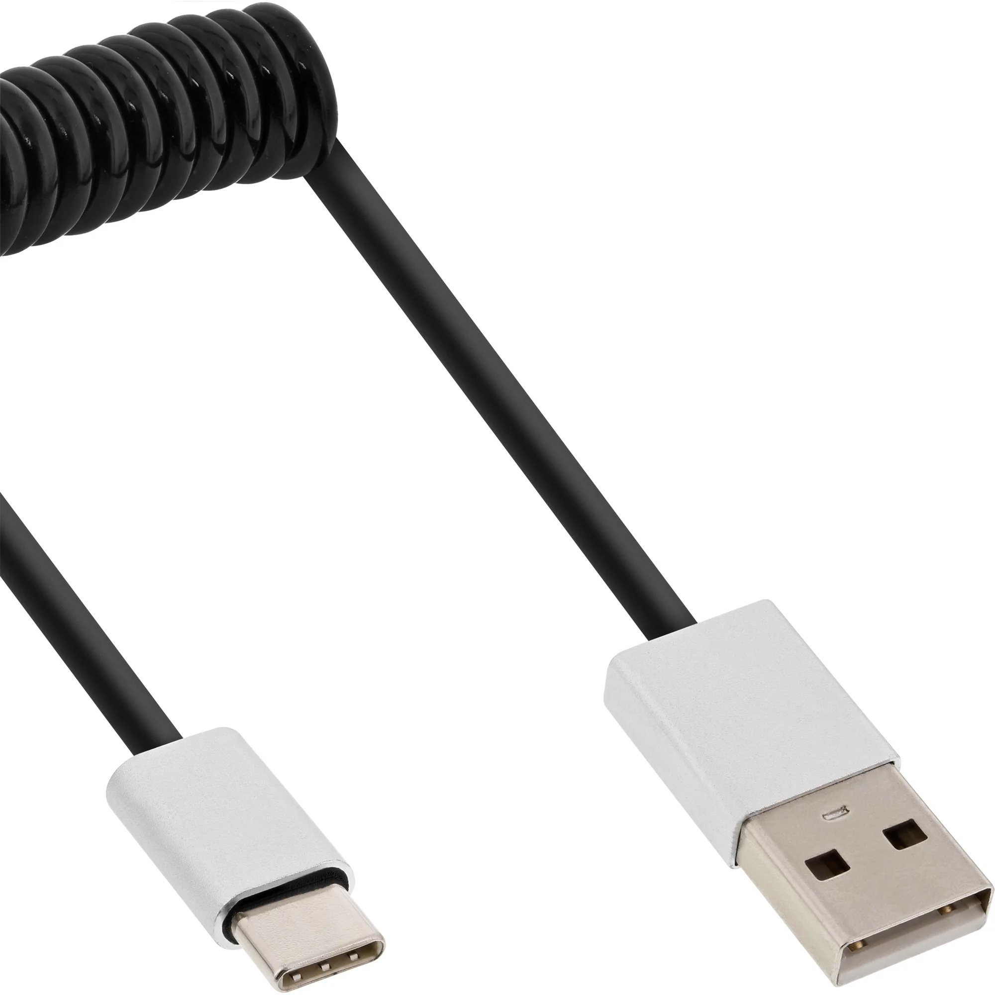 InLine USB 2.0 Spiralkabel, USB-C ST an A ST, schwarz/Alu, flexibel, 0,5m