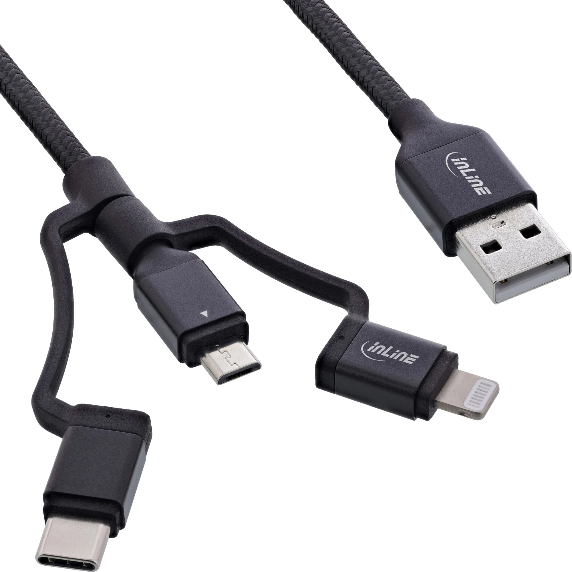 InLine 3-in1 USB Kabel, Micro-USB/Lightning/USB-C, schwarz/Alu, 1m MFi