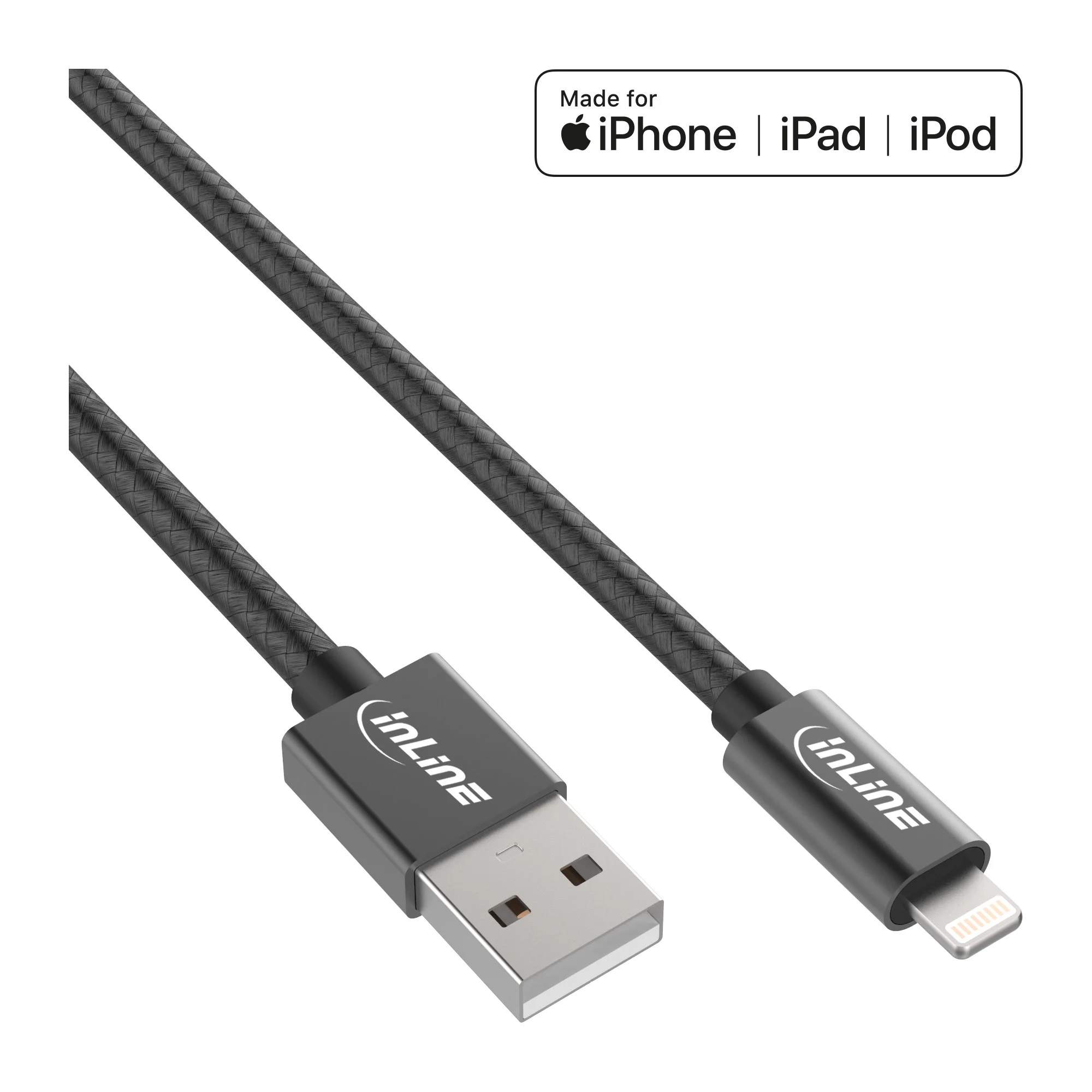 InLine Lightning USB Kabel, für iPad, iPhone, schwarz/Alu, 1m MFi-zertifiziert