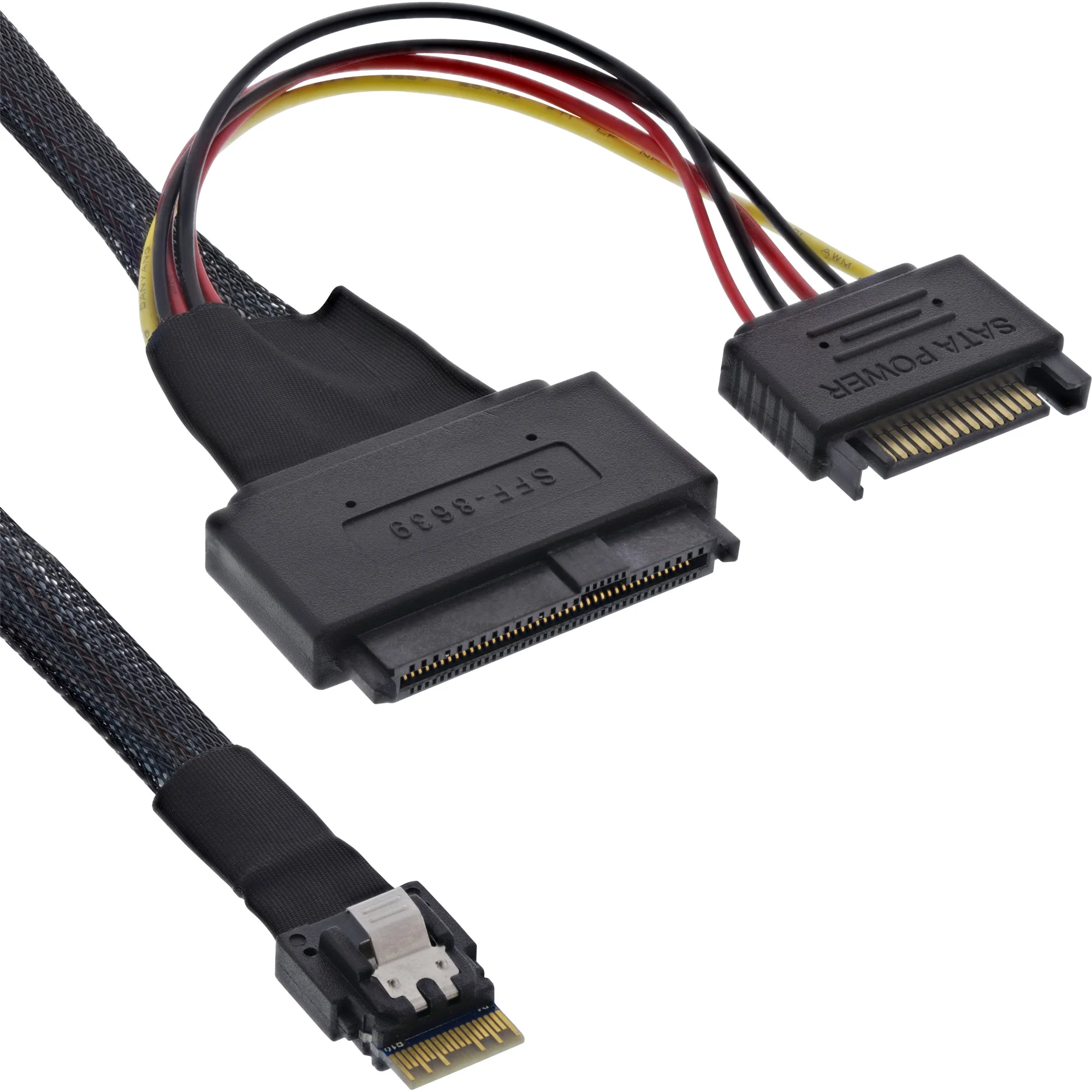 InLine Slim SAS Kabel, SFF-8654 zu U.2 SFF-8639 + SATA Strom, 24Gb/s, 1m