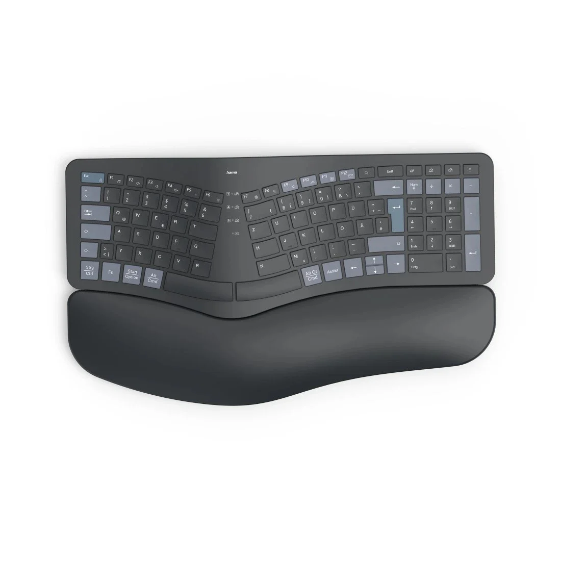 Hama WK-900 Ergo Tastatur Heimbüro RF Wireless + Bluetooth QWERTZ Deutsch Schwarz, Blau, Dunkles Grau