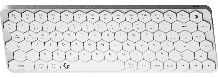 KeySonic KSK-5020BT-S (DE), Mini Tastatur mit wabenförmigen Tasten, kabellose Verbindung, Multimediatasten, Aluminium, Silber/Weiß