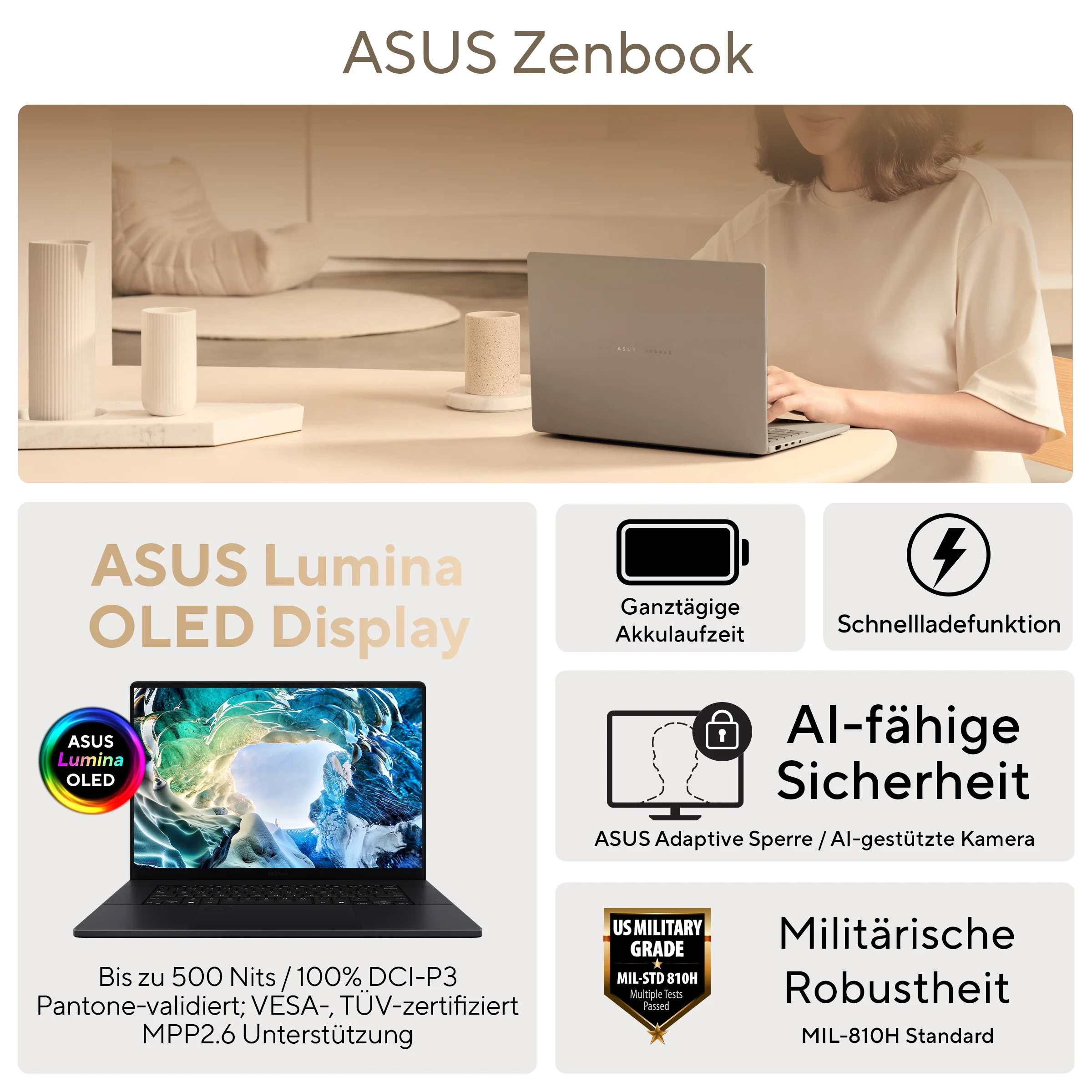 ASUS Zenbook 14 OLED UM3406GA-QD032W Copilot+ PC AMD Ryzen AI 7 445 Laptop 35,6 cm (14") WUXGA 32 GB LPDDR5x-SDRAM 1 TB SSD Wi-Fi 6E (802.11ax) Windows 11 Home Schwarz