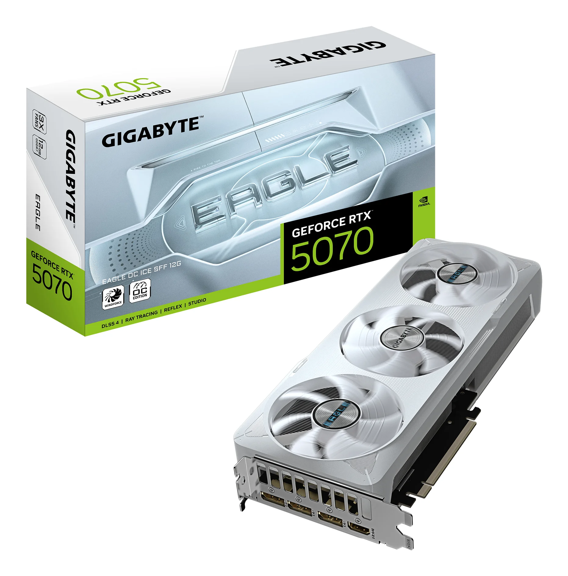 GIGABYTE GeForce RTX 5070 EAGLE OC ICE SFF 12G Grafikkarte - 12GB GDDR7, 192 Bit, PCI-E 5.0, 2587 MHz Core Clock, 3 x DP 2.1a, 1 x HDMI 2.1b, NVIDIA DLSS 4, GV-N5070EAGLEOC ICE-12GD