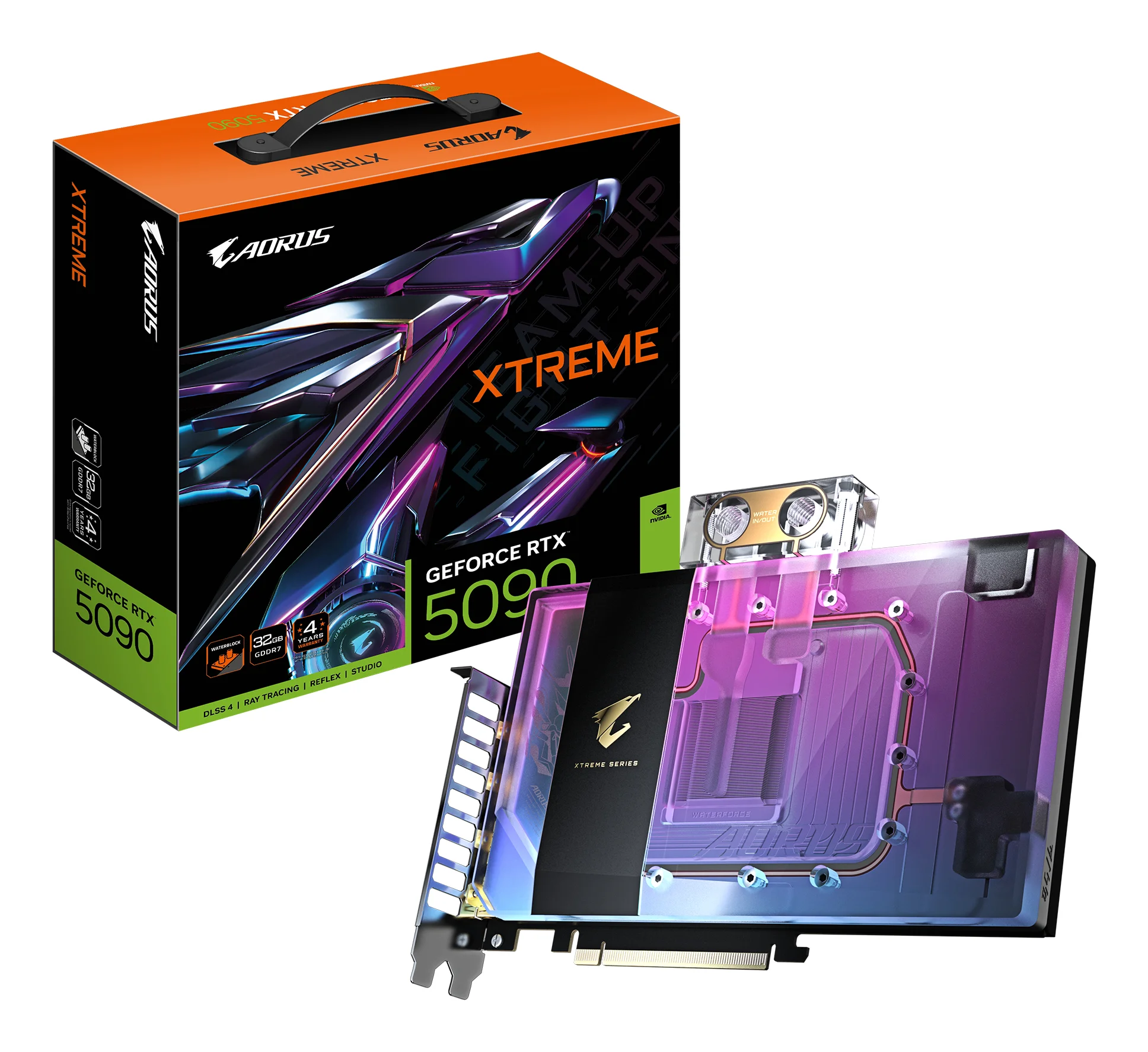 GIGABYTE AORUS GeForce RTX 5090 XTREME WATERFORCE WB 32G Grafikkarte - 32 GB GDDR7, 512 Bit, PCI-E 5.0, 2655 MHz Kernfrequenz, 3 x DP 2.1a, 1 x HDMI 2.1b, NVIDIA DLSS 4, GV-N5090AORUSX WB-32GD