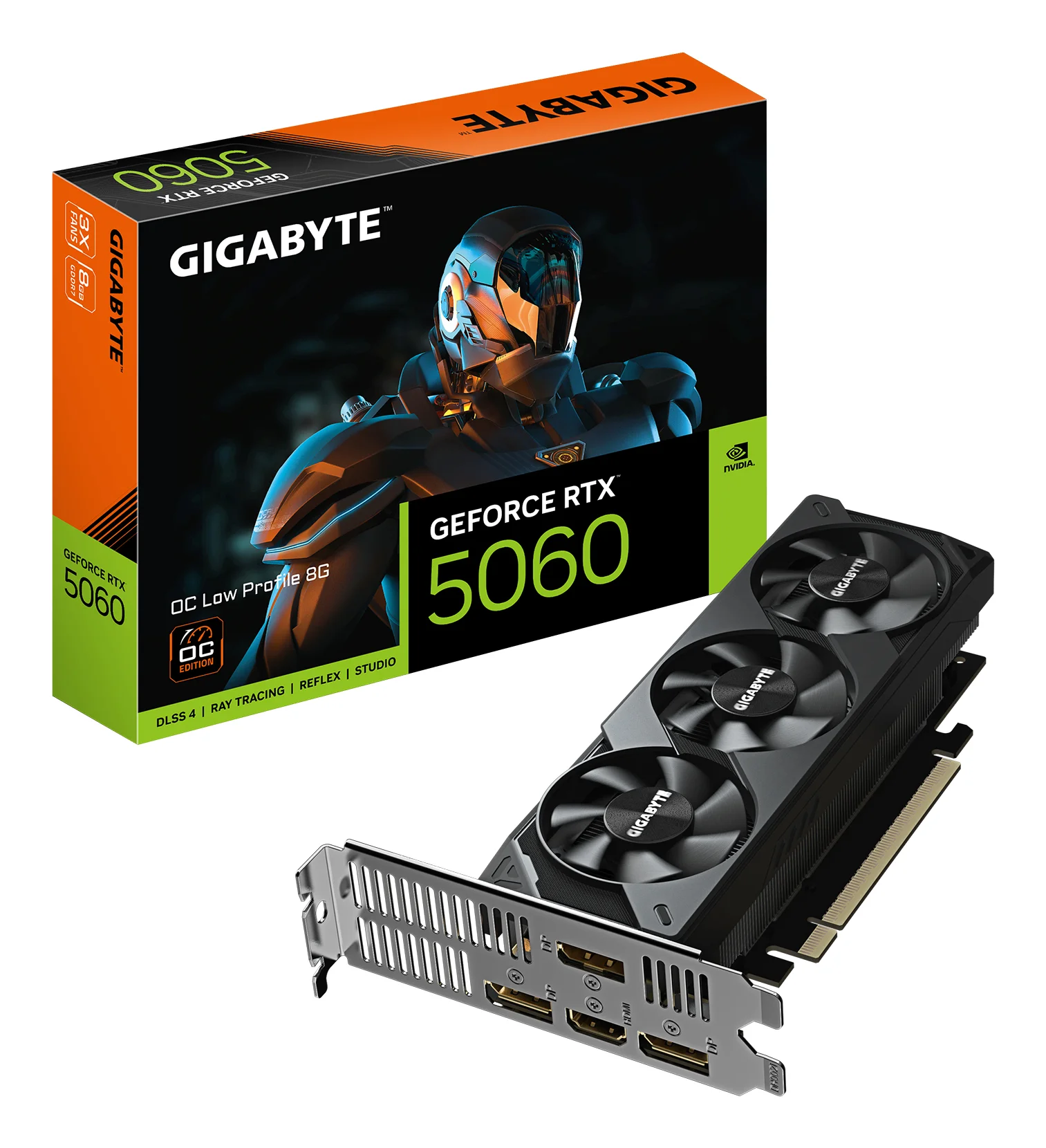 GIGABYTE GeForce RTX 5060 OC Low Profile 8G Grafikkarte - 8GB GDDR7, 128bit, PCI-E 5.0, 2512 MHz Kerntakt, 3 x DisplayPort, 1 x HDMI, GV-N5060OC-8GL