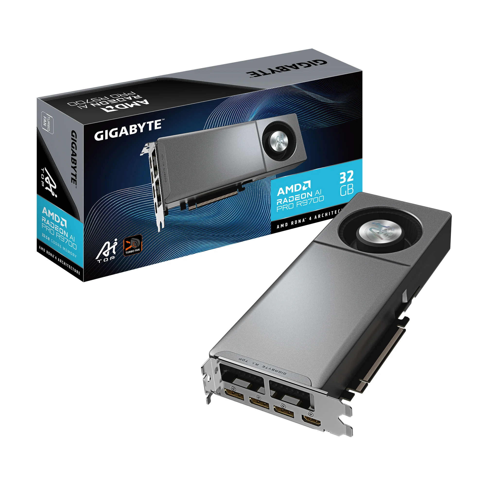 GIGABYTE Radeon AI PRO R9700 AI TOP 32G Grafikkarte – 32 GB GDDR6, 256 Bit, PCI-E 5.0, 2920 MHz Kernfrequenz, 3 x DisplayPort, 1 x HDMI, GV-R9700AI TOP-32GD 1.1