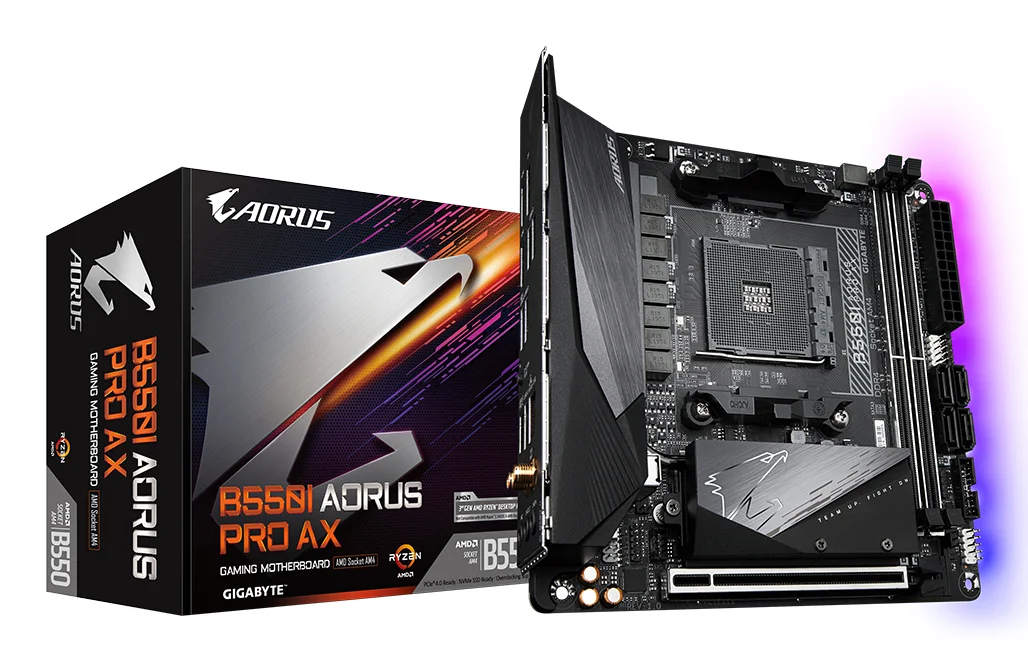 GIGABYTE B550I AORUS PRO AX Mainboard – AMD Ryzen 5000 CPUs, 8 Phasen VRM, bis zu 5300 MHz DDR4, 1xPCIe 4.0 + 1xPCIe 3.0 M.2, Wi-Fi 6E, 2.5GbE LAN, USB 3.2 Gen 2
