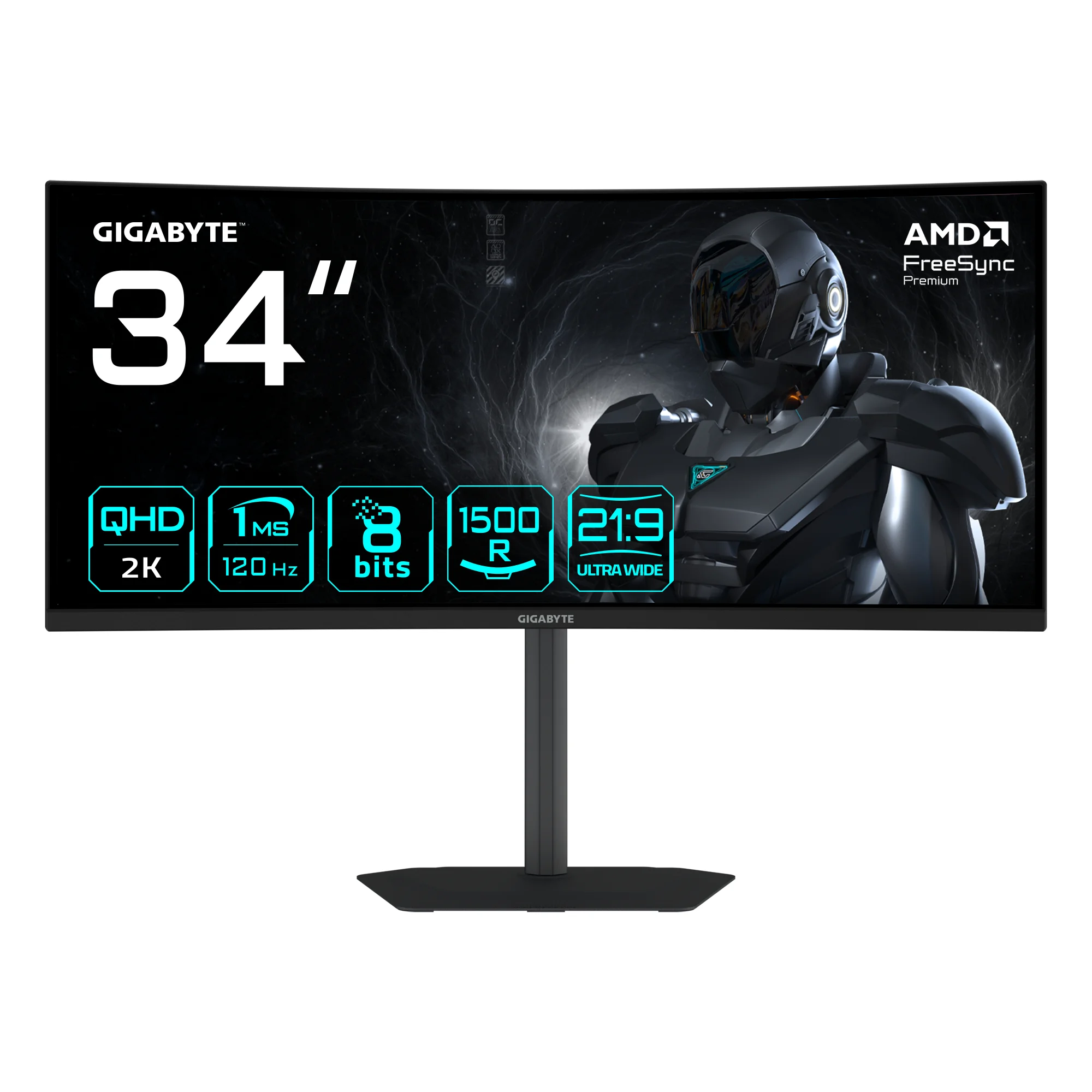 GIGABYTE GS34WQCA 34" WQHD Curved Gaming-Monitor – 3440 x 1440, 1500R, 120Hz, 1ms, 300 cd/m², FreeSync Premium, HDR Ready, HDMI 2.0, DisplayPort 1.4.