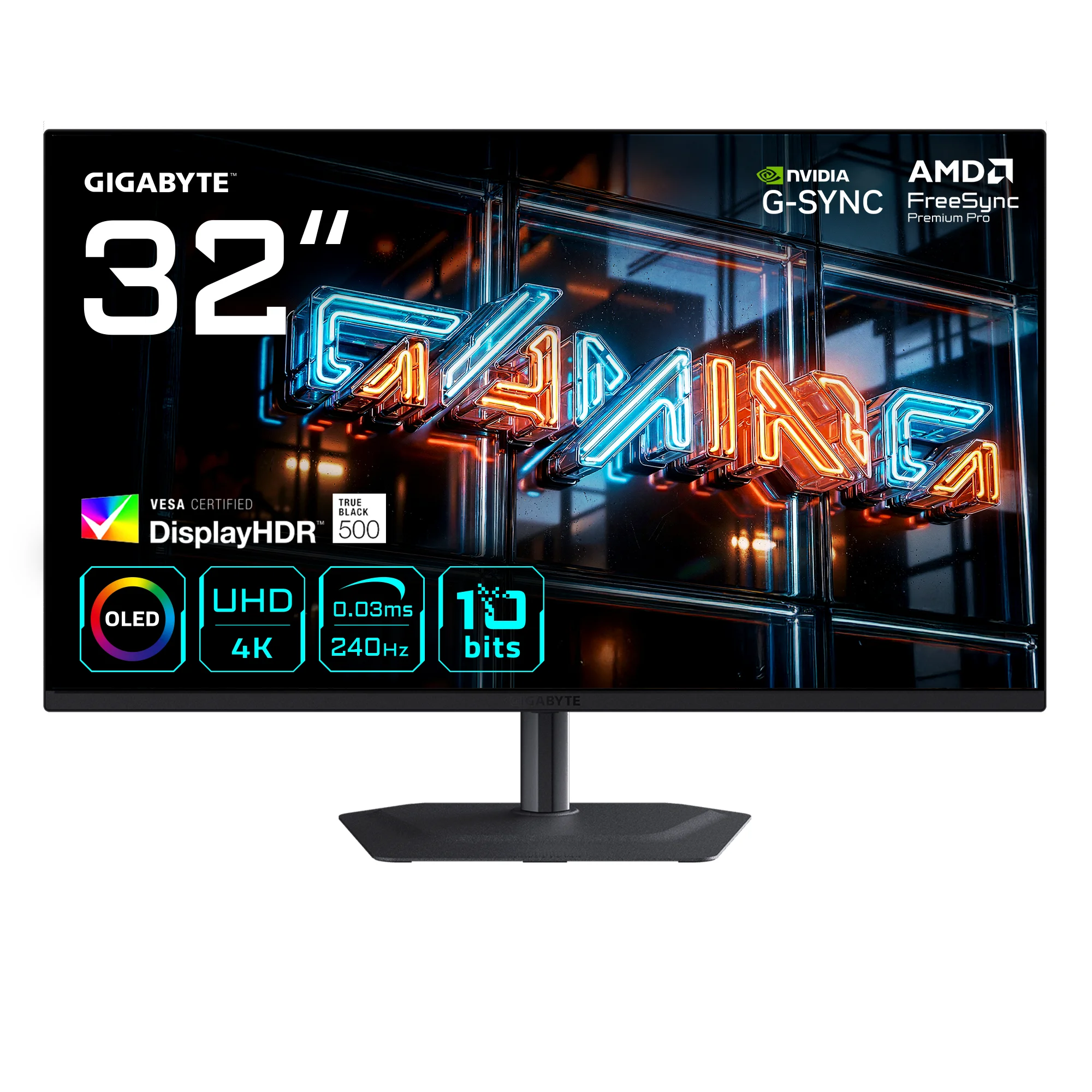 GIGABYTE MO32U24 32” OLED 4K UHD Gaming-Monitor - 3840 x 2160, 240Hz, 0.03ms, 300 cd/m², G-Sync Kompatibel, FreeSync Premium Pro, Display HDR True Black 500, HDMI 2.1, DisplayPort 1.4